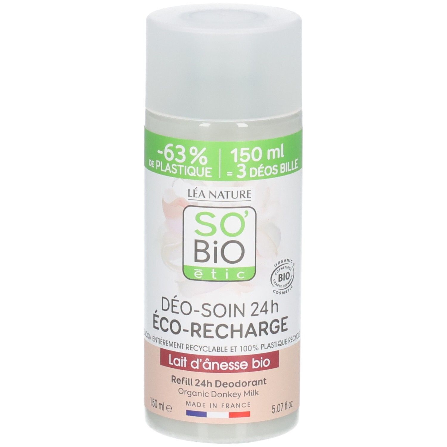 Roll-on déodorant avec bouchon blanc. Inscription: So Bio Etic, Déo-Soin 24h, Lait d'Ânesse bio. Certification bio.