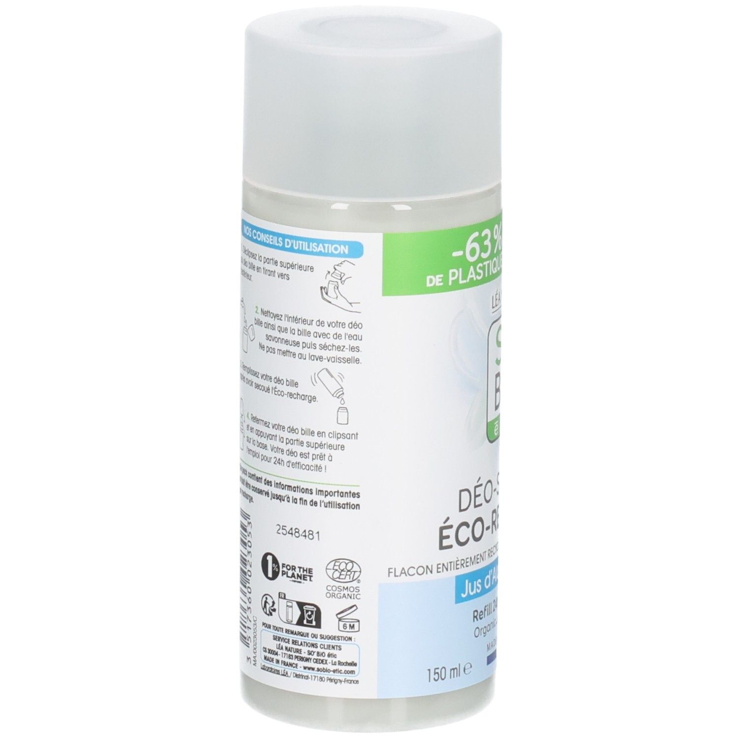 Dos du roll-on. Texte: conseils d'utilisation, informations de recharge, certifications.