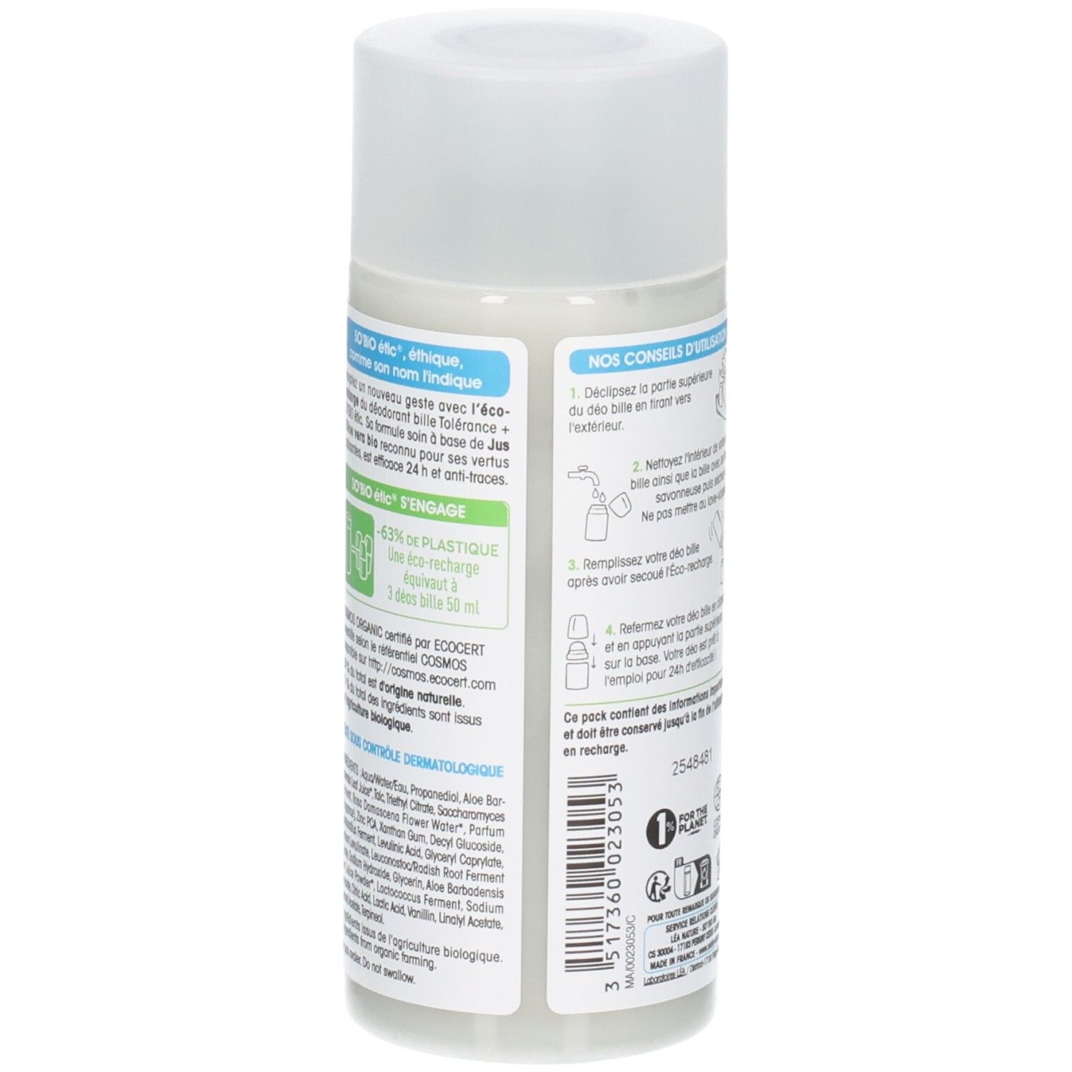 Dos du roll-on. Texte: ingrédients, certifications, informations de recharge.