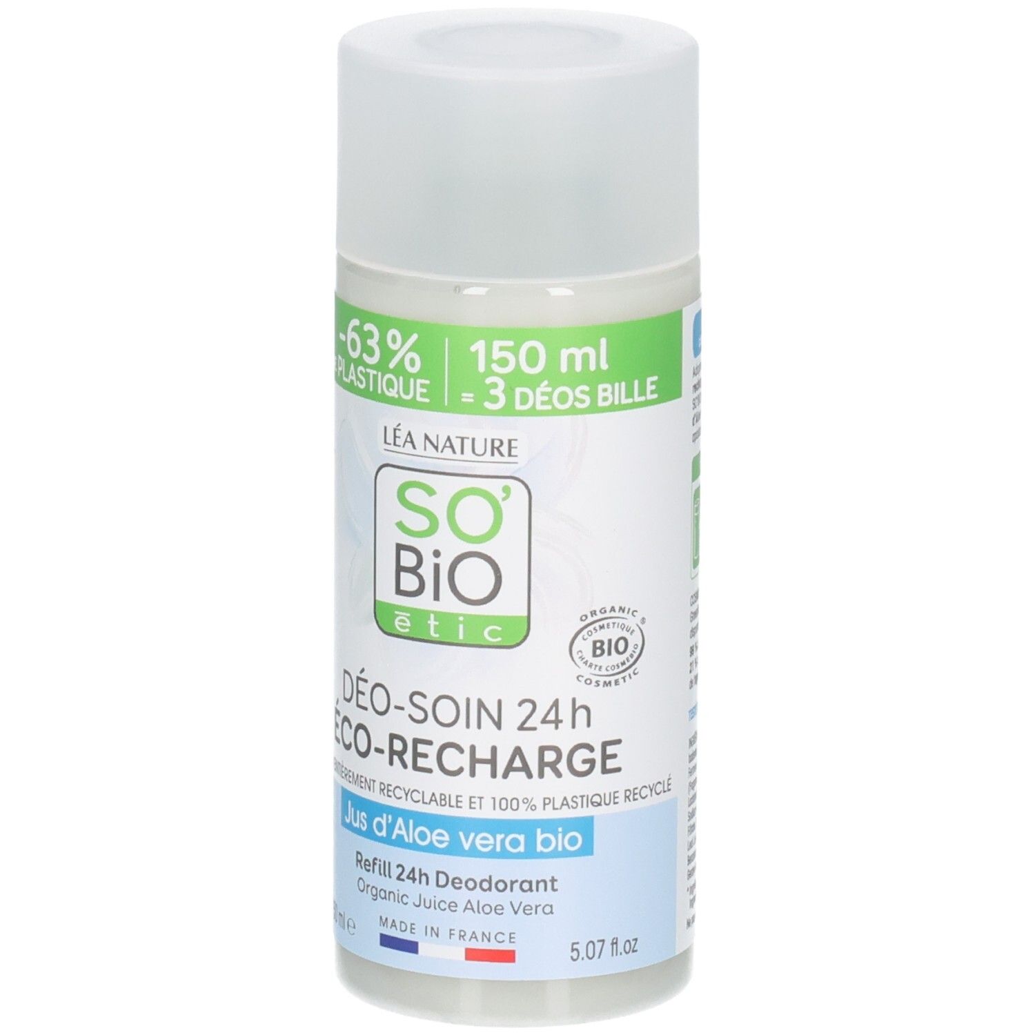 Roll-on déodorant avec bouchon blanc. Inscription: So Bio Etic, Déo-Soin 24h, Jus d'Aloe Vera bio. 150 ml.