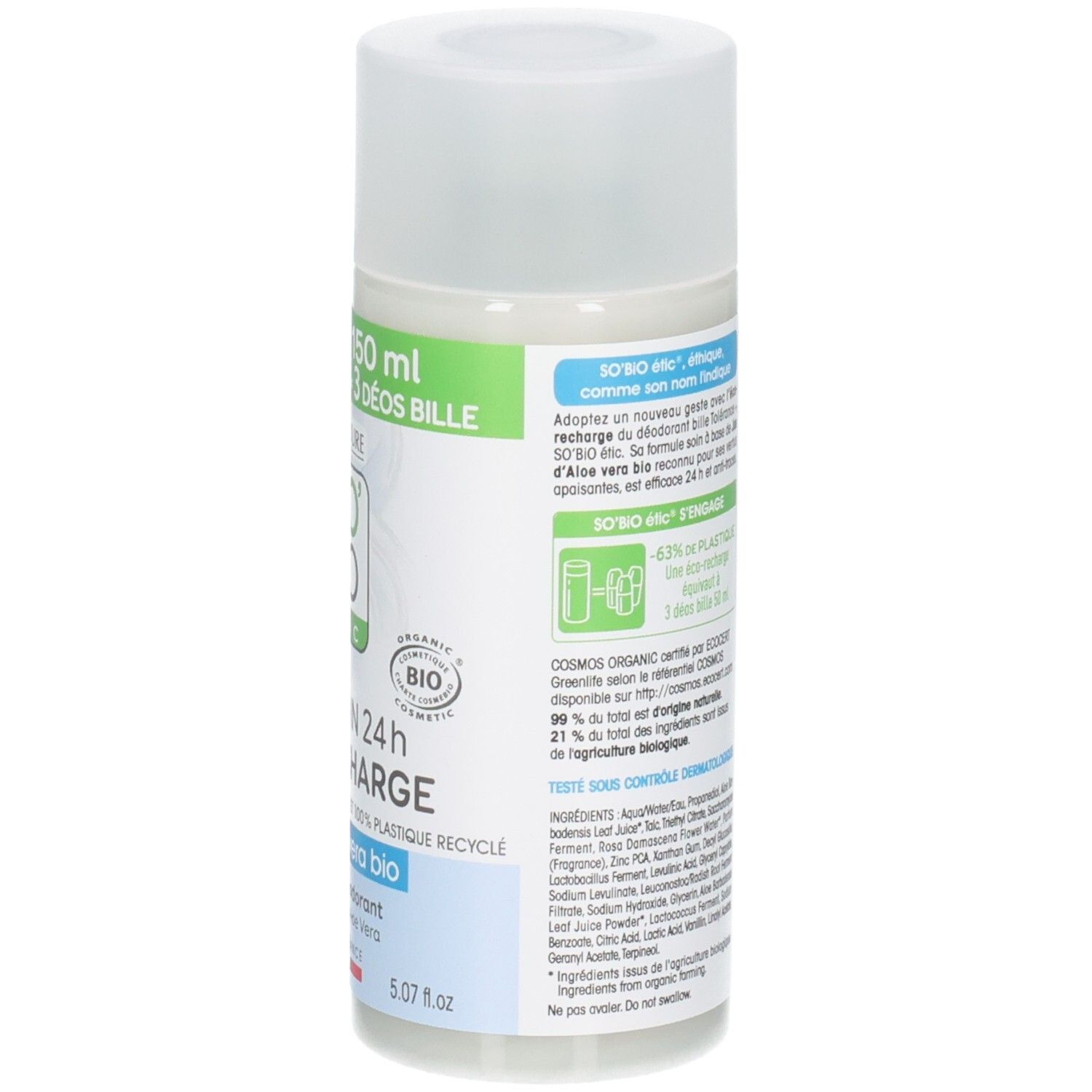 Dos du roll-on. Texte: ingrédients, certifications, informations de recharge.