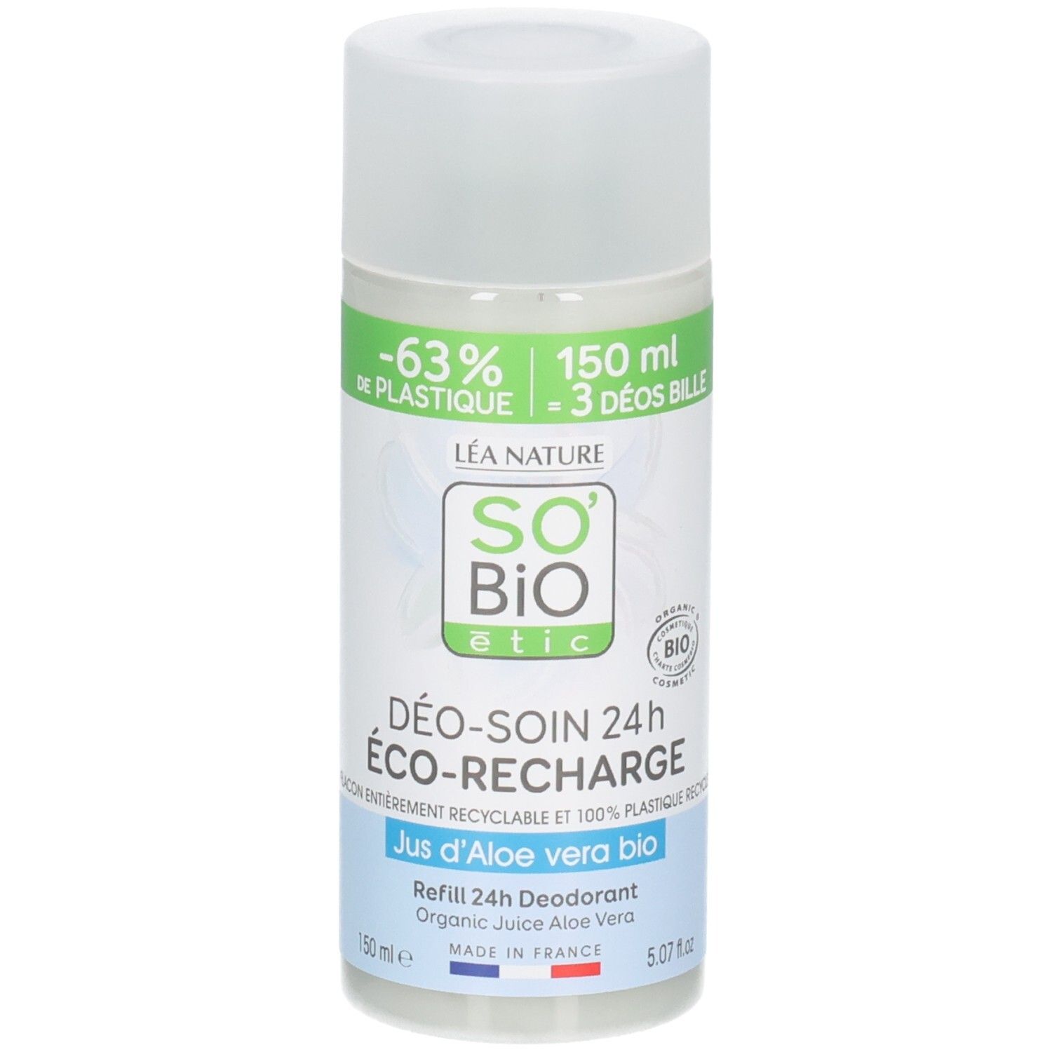 Roll-on déodorant avec bouchon blanc. Inscription: So Bio Etic, Déo-Soin 24h, Jus d'Aloe Vera bio. 150 ml.