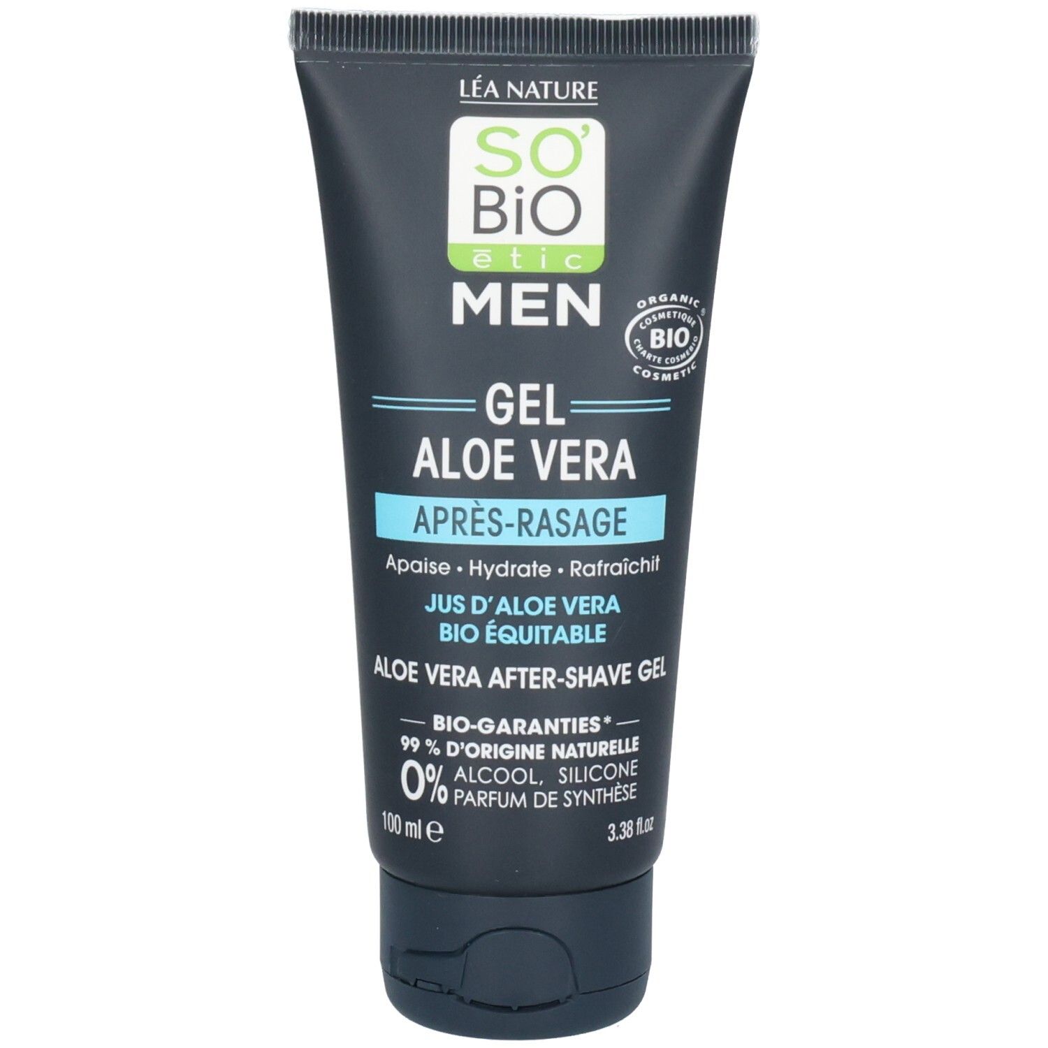 Tube bleu foncé avec informations produit. Inscription: Gel Aloe Vera Après-rasage. Certification bio.