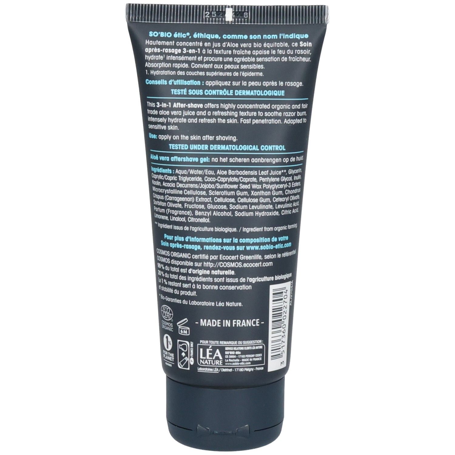 Dos du tube avec informations produit et ingrédients. Texte multilingue.