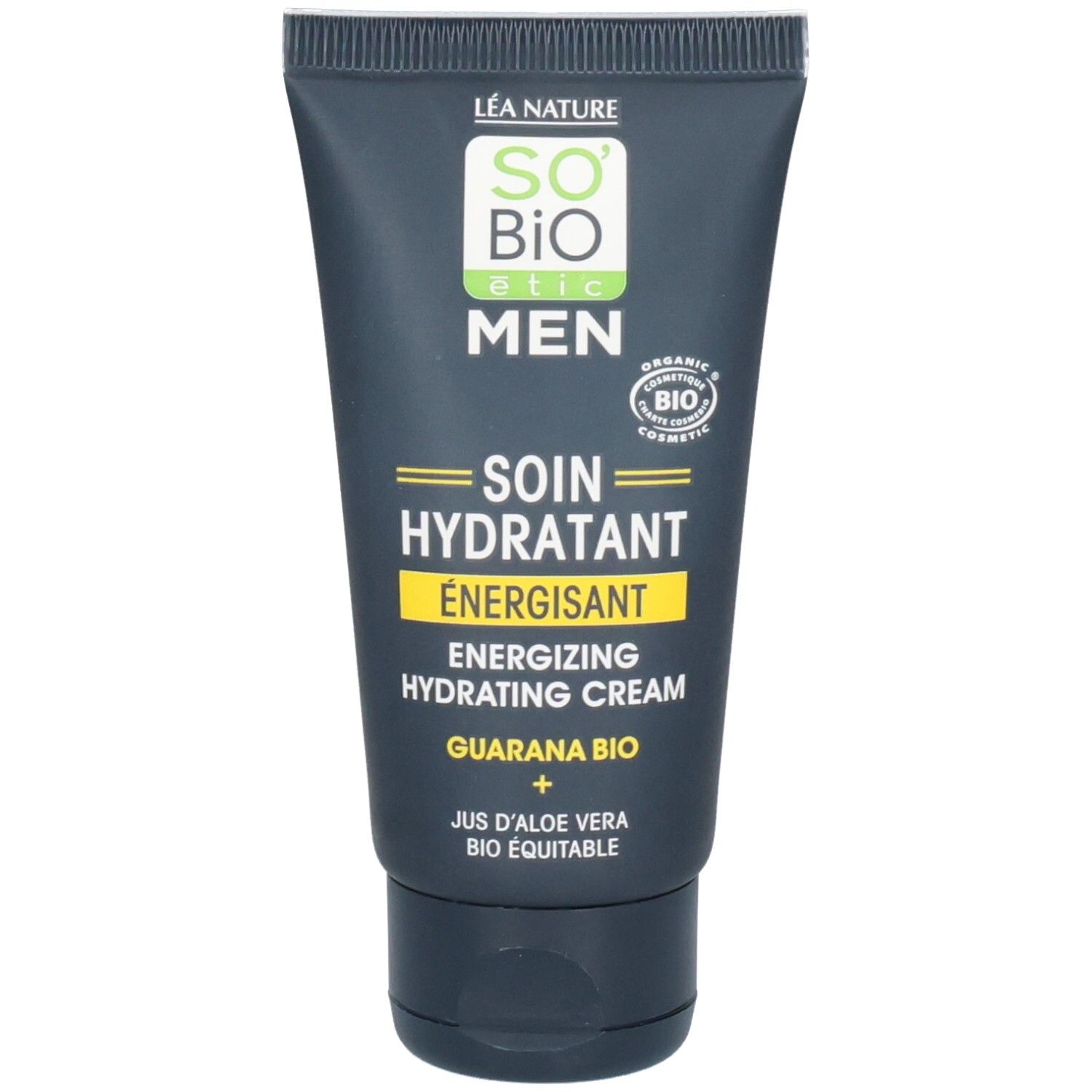 Tube noir avec texte vert et jaune. Contient « SO Bio étic MEN Soin Hydratant Energisant ». Certification bio.
