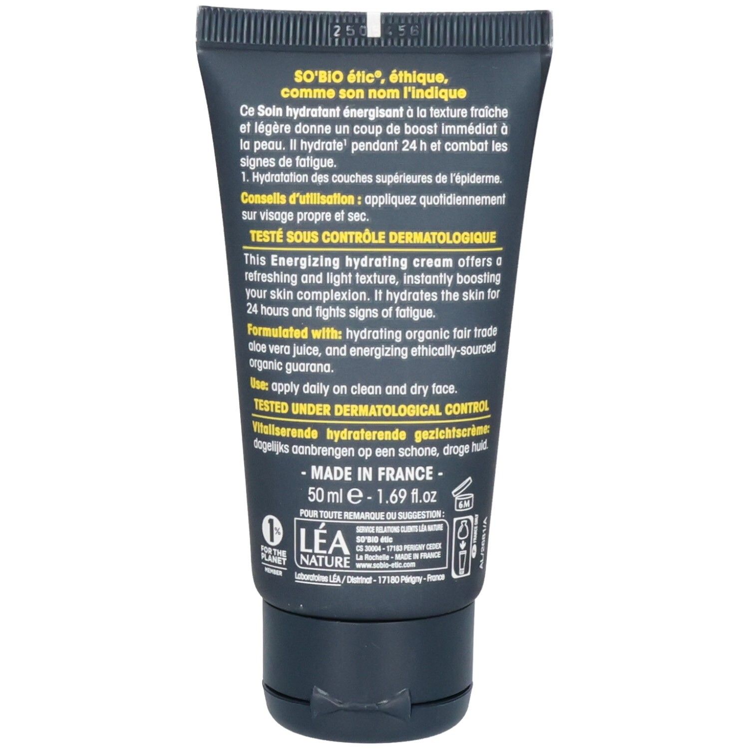 Dos du tube. Texte multilingue. Contient des informations sur le produit et ses ingrédients.