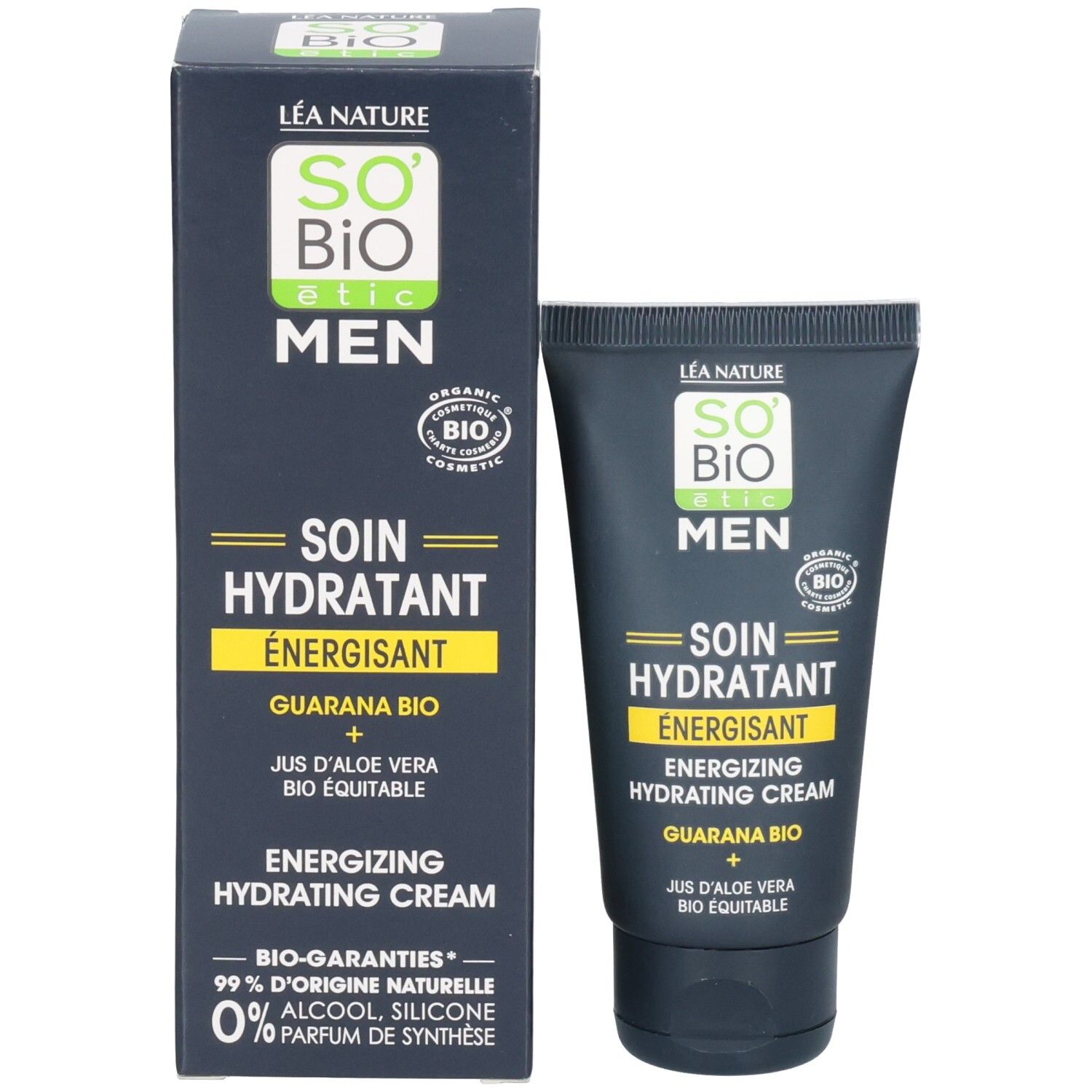 Emballage du produit. Boîte et tube noirs. Contient « SO Bio étic MEN Soin Hydratant Energisant ». Certification bio.