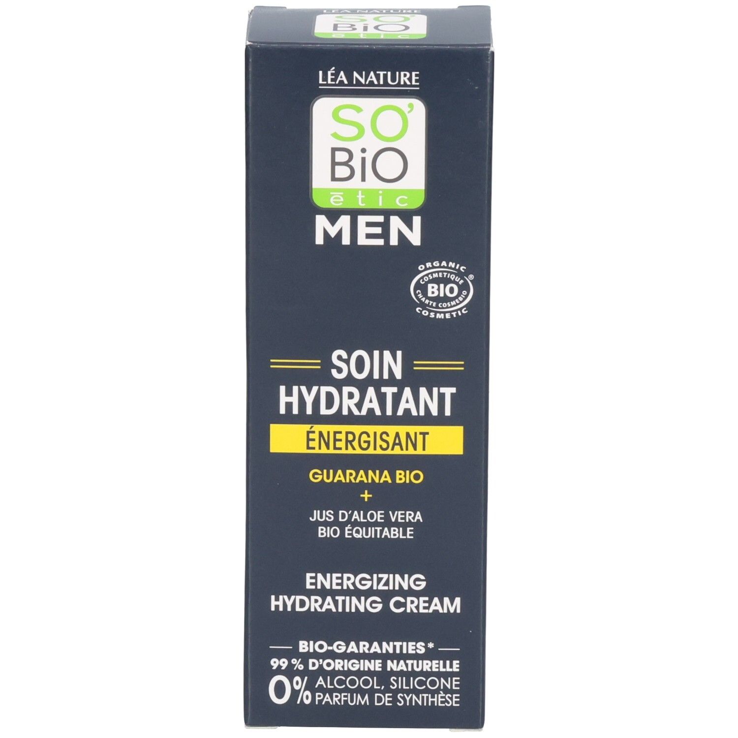 Boîte noire avec texte vert et jaune. Contient « SO Bio étic MEN Soin Hydratant Energisant ». Certification bio.