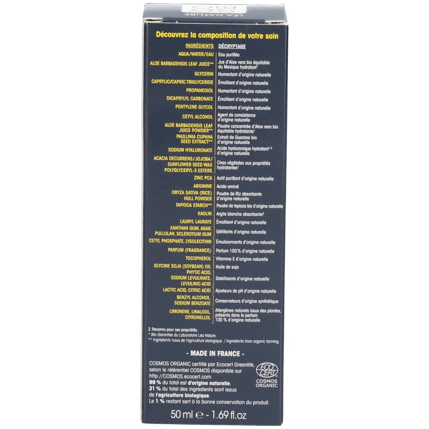 Dos de l'emballage. Liste des ingrédients en plusieurs langues.