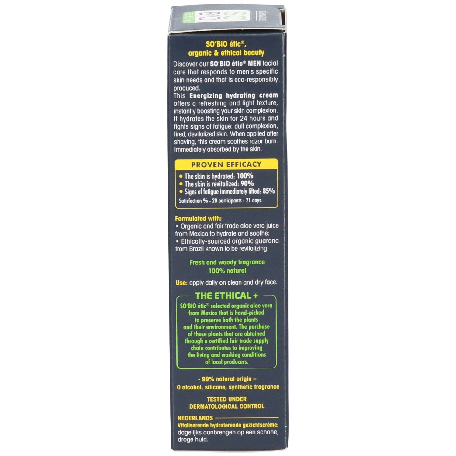 Dos de l'emballage. Texte multilingue. Contient des informations sur le produit et les ingrédients.