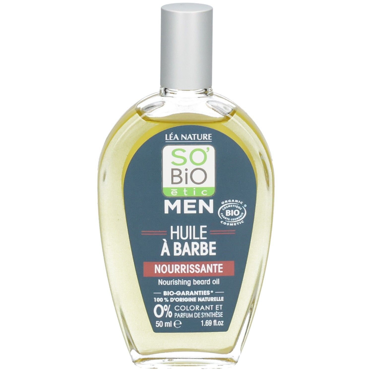Flacon en verre transparent avec bouchon argenté. Étiquette avec texte: So Bio Etic Men, Huile à Barbe Nourrissante.