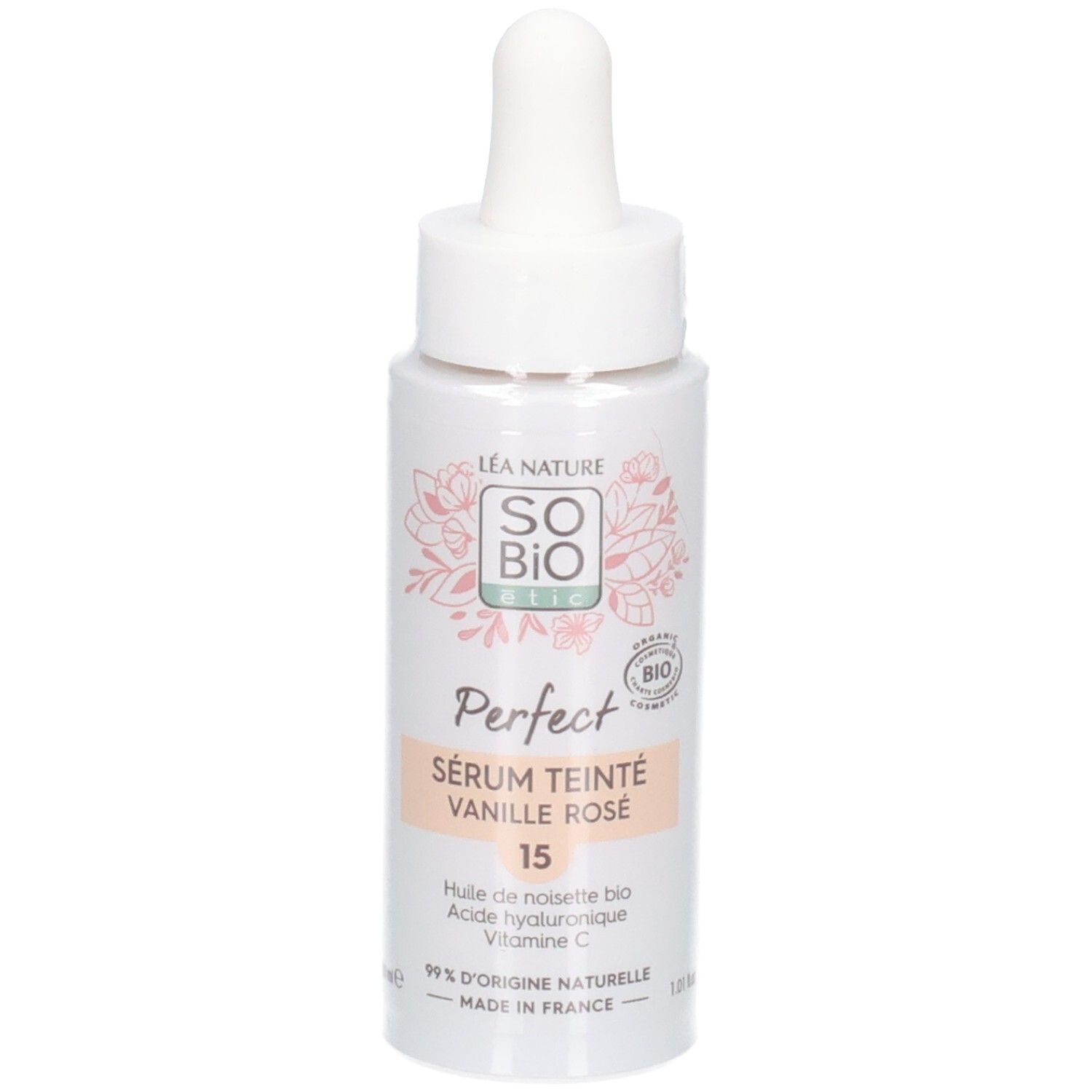 Flacon blanc avec pipette. Inscription: So Bio Etic Perfect Sérum Teinté Vanille Rosé. Avec label bio.