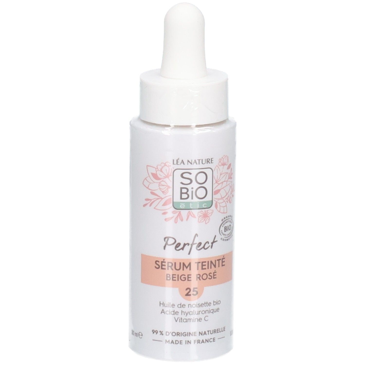Flacon blanc avec compte-gouttes. Inscription: So Bio, Perfect Sérum Teinté Beige Rosé, 25. Avec label bio.