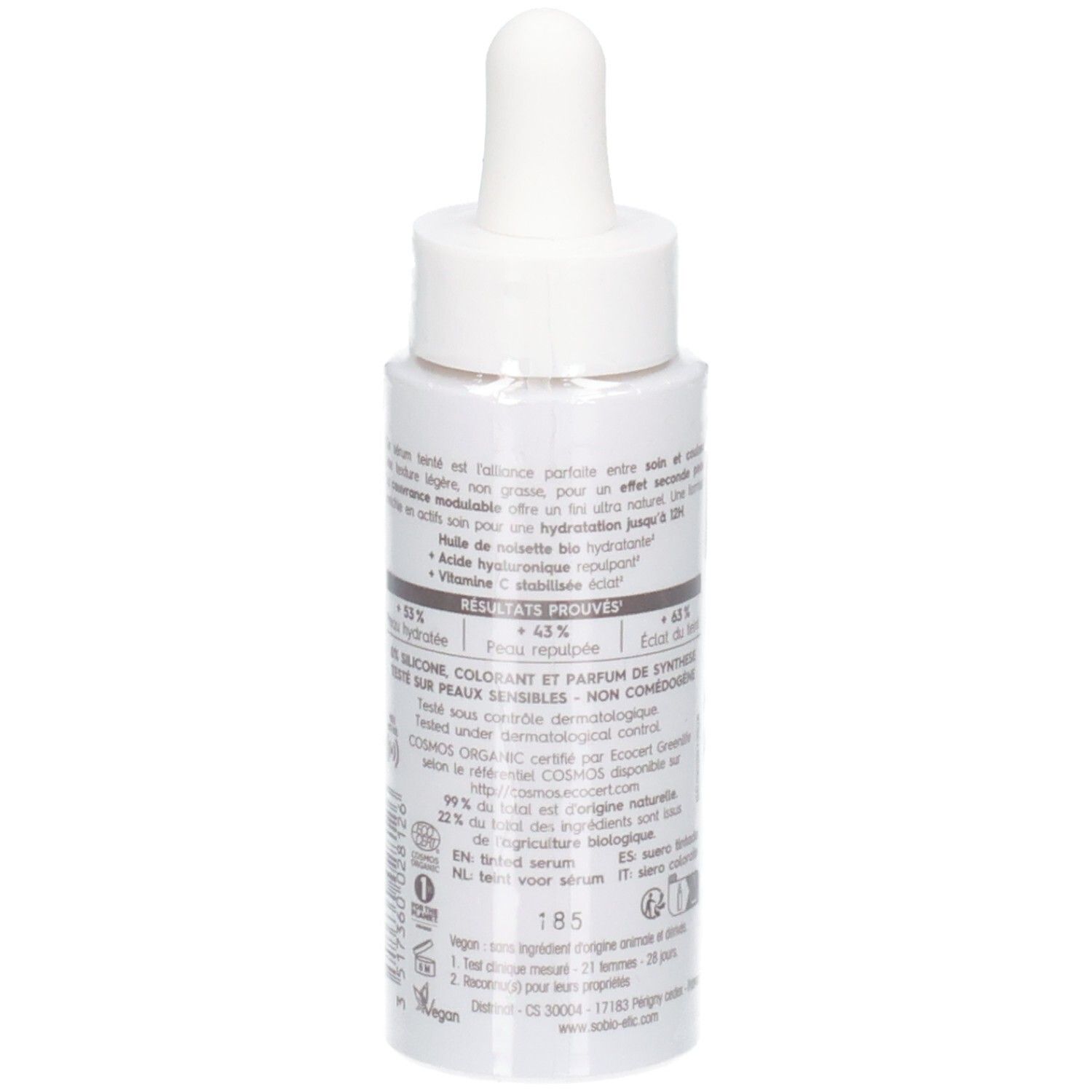 Flacon blanc avec compte-gouttes. Texte en français. Avec label bio et autres informations.