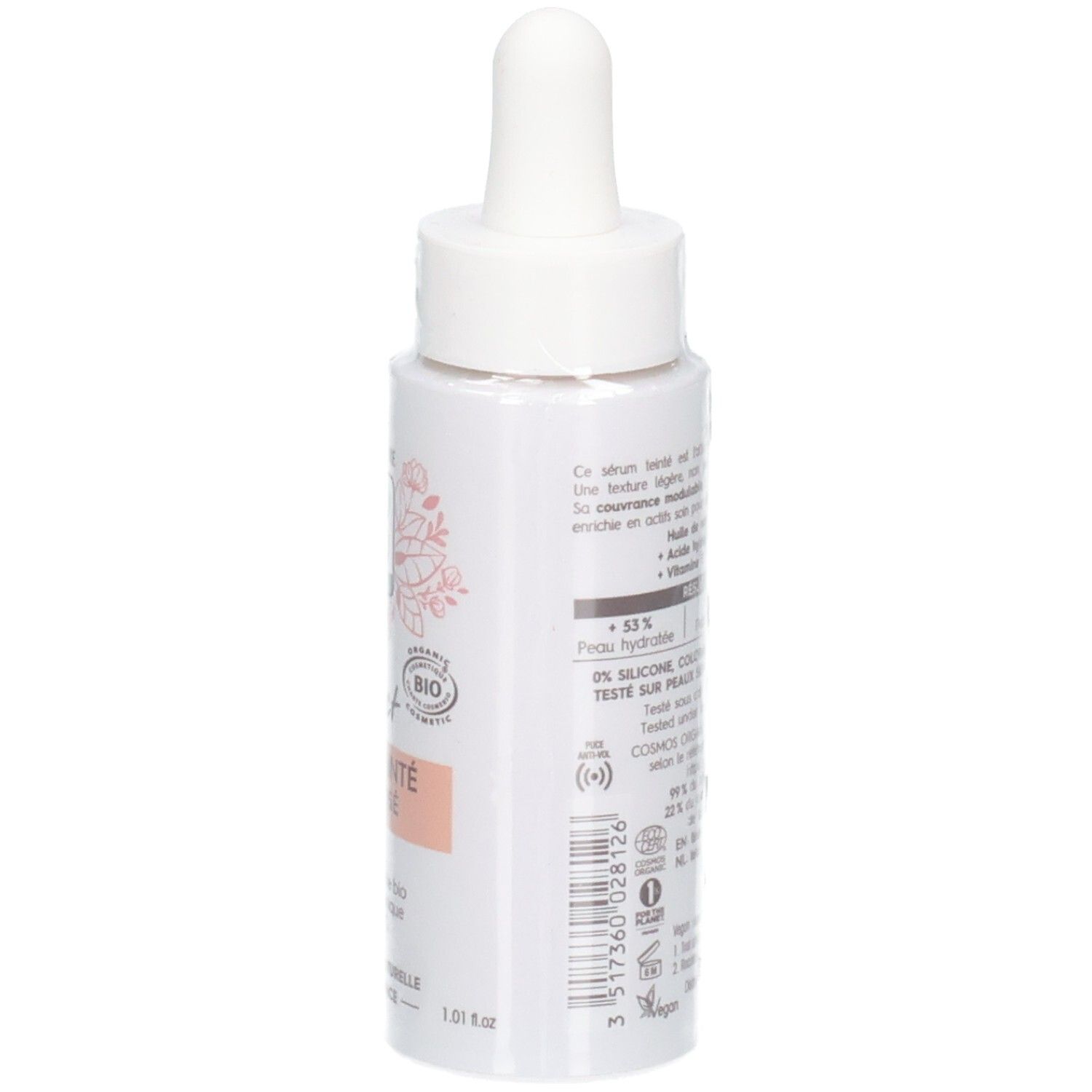 Flacon blanc avec compte-gouttes. Inscriptions et texte en français. Avec label bio et autres informations.