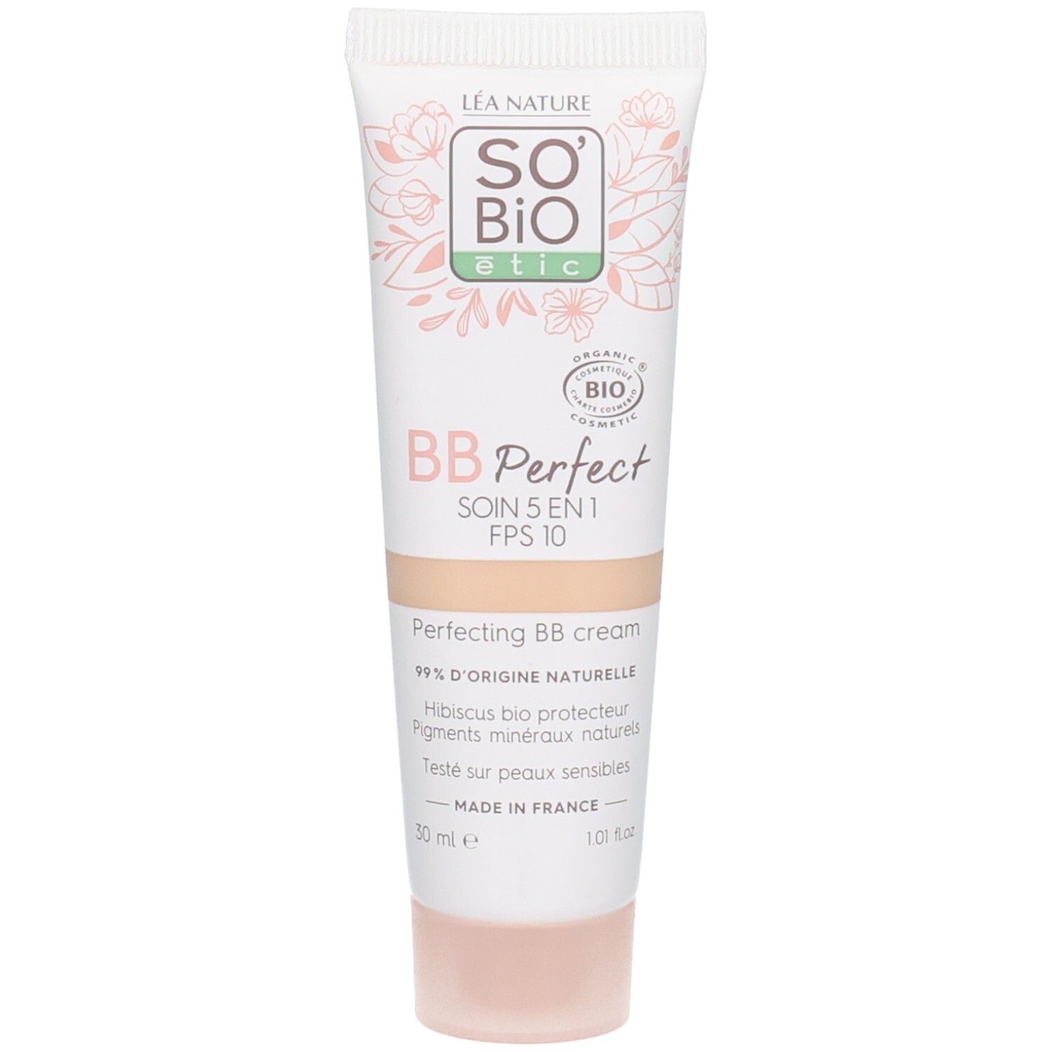 Tube de crème BB Perfect Très Clair So Bio Etic. Inscription: Soin 5 en 1, FPS 10. Certifié Bio. Contenance: 30 ml.