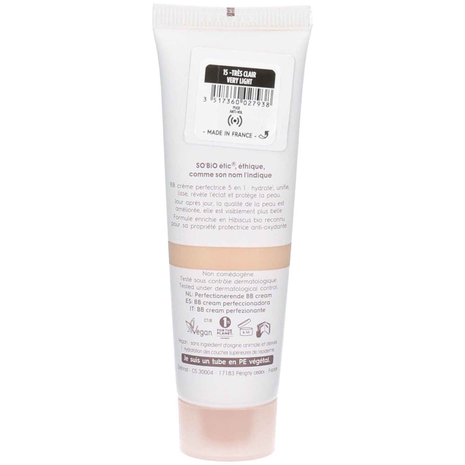 Dos du tube So Bio Etic BB Perfect Très Clair. Texte: BB crème perfectrice 5 en 1. Logo Vegan. Fabriqué en France.