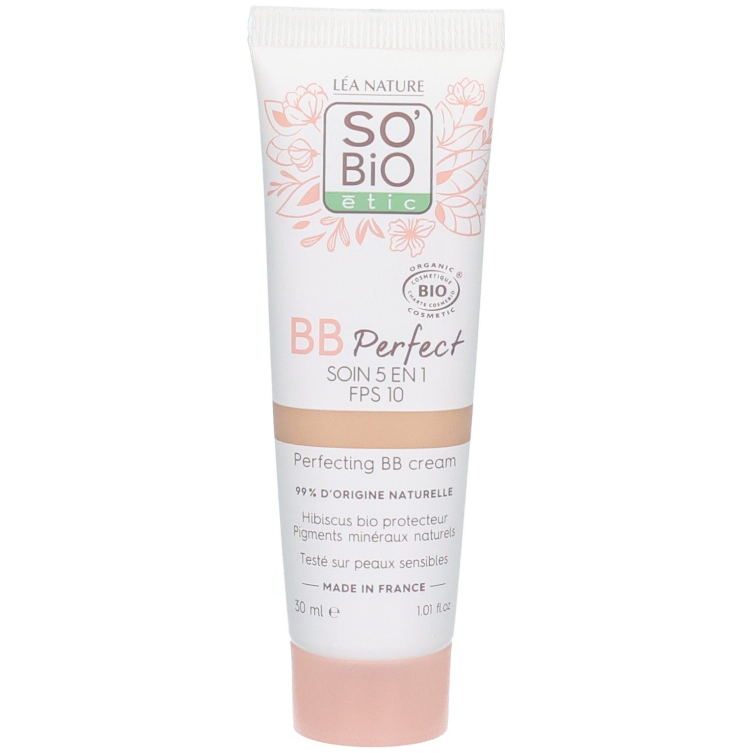 Tube de crème BB Perfect So Bio Etic, Medium Clair. Inscription et logo. Certification bio. Bouchon rose. 50 ml.