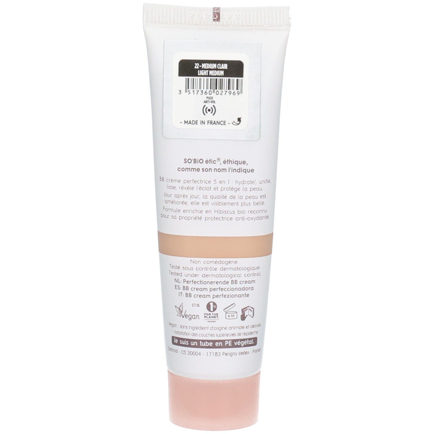 Dos du tube So Bio Etic BB Perfect, Medium Clair. Texte, code-barres, logo. Bouchon rose. Label vegan.