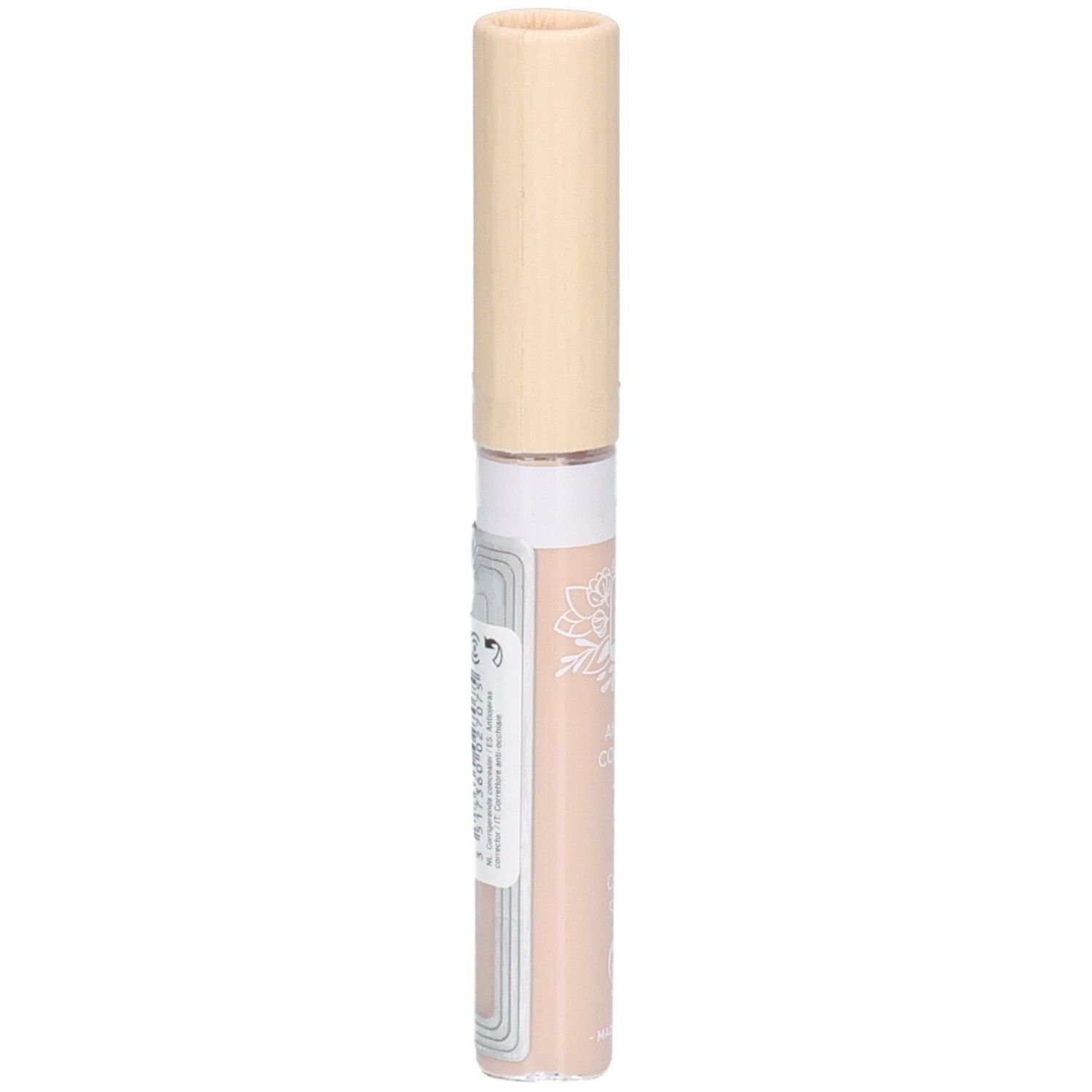 Correcteur beige clair avec bouchon beige clair. Sur le côté: informations et code-barres. Nom du produit: Anticerne Correcteur.