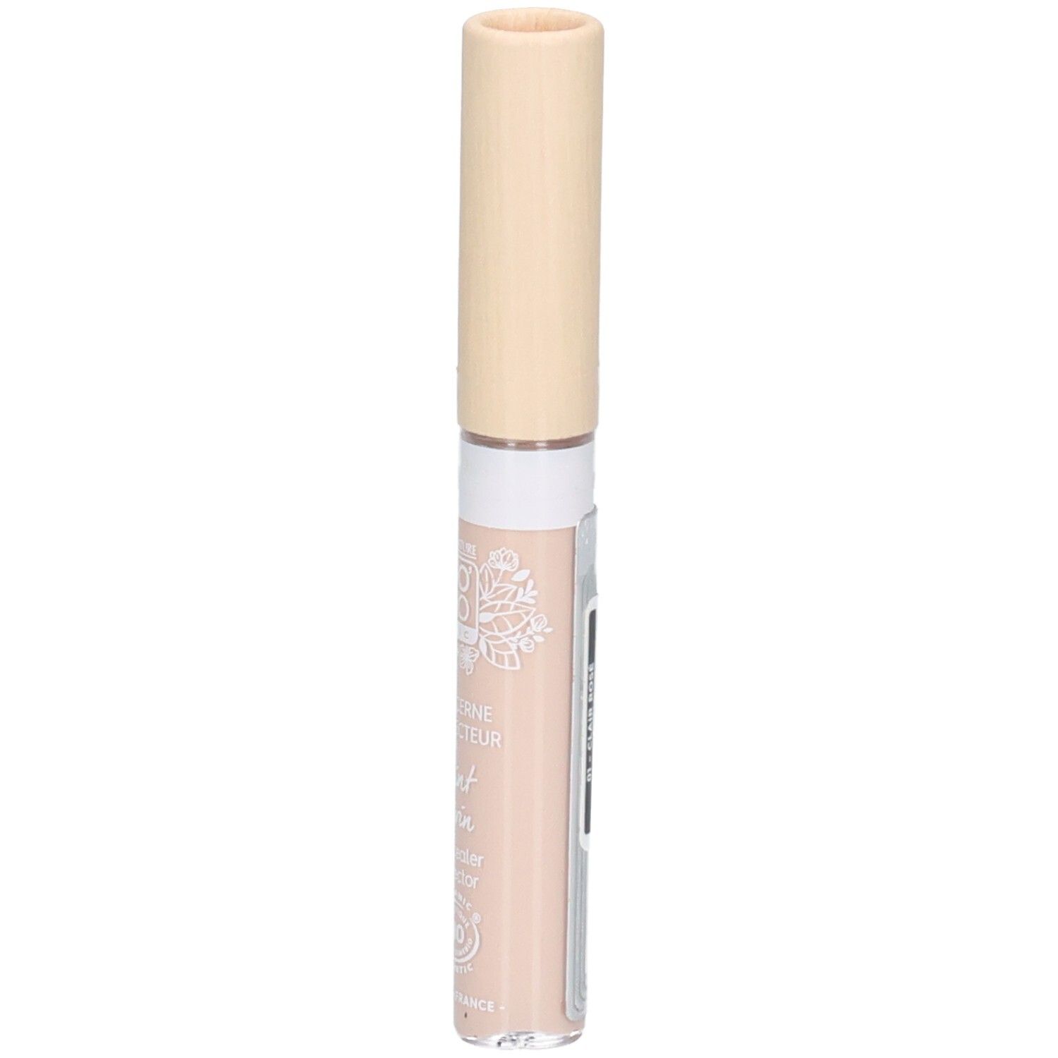 Correcteur beige clair avec bouchon beige clair. Inscription SO BIO. Nom du produit: Anticerne Correcteur. Certification Bio.