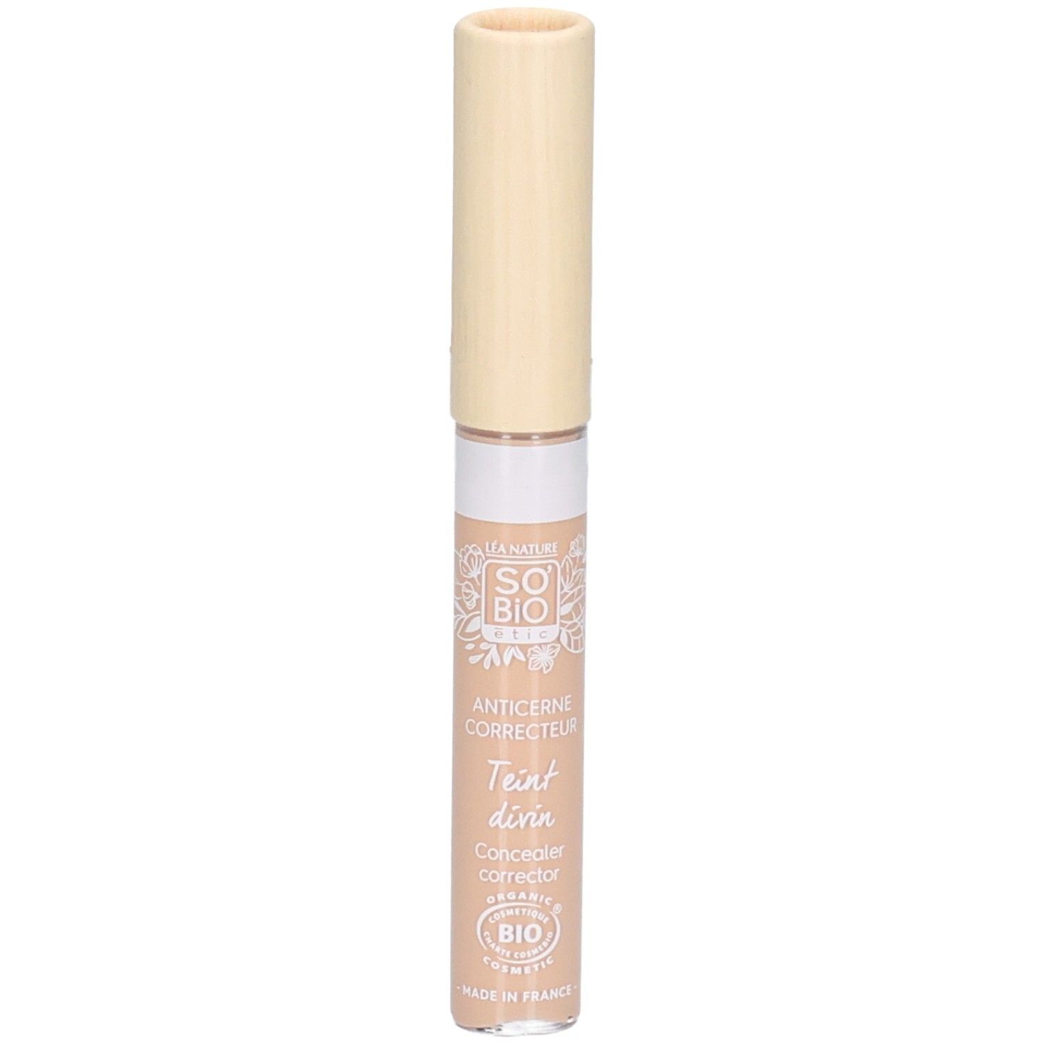 Correcteur beige avec bouchon clair. Inscriptions: SO BIO, Anticerne Correcteur, Teint divin, Concealer corrector.
