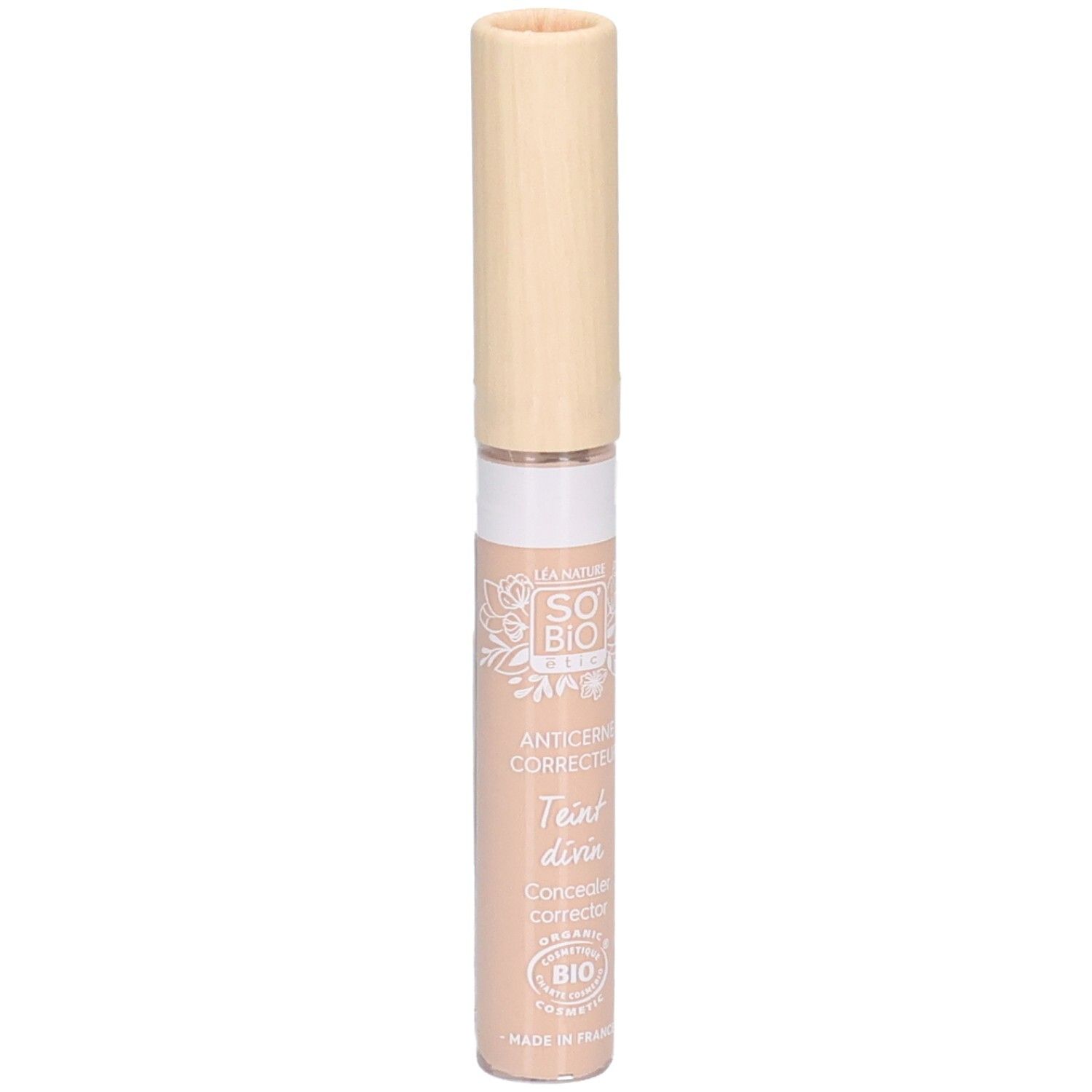 Correcteur de teint avec bouchon beige. Inscription: SO BIO, Anticerne Correcteur, Teint divin, Concealer correcteur. Certification bio.