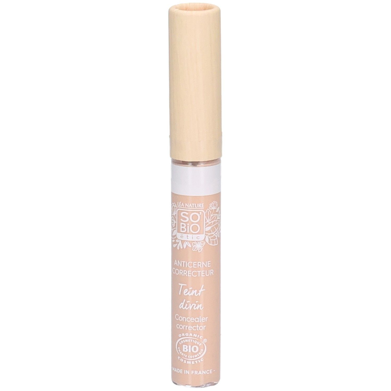 Correcteur de teint avec bouchon beige. Inscription: SO BIO, Anticerne Correcteur, Teint divin, Concealer correcteur. Certification bio.