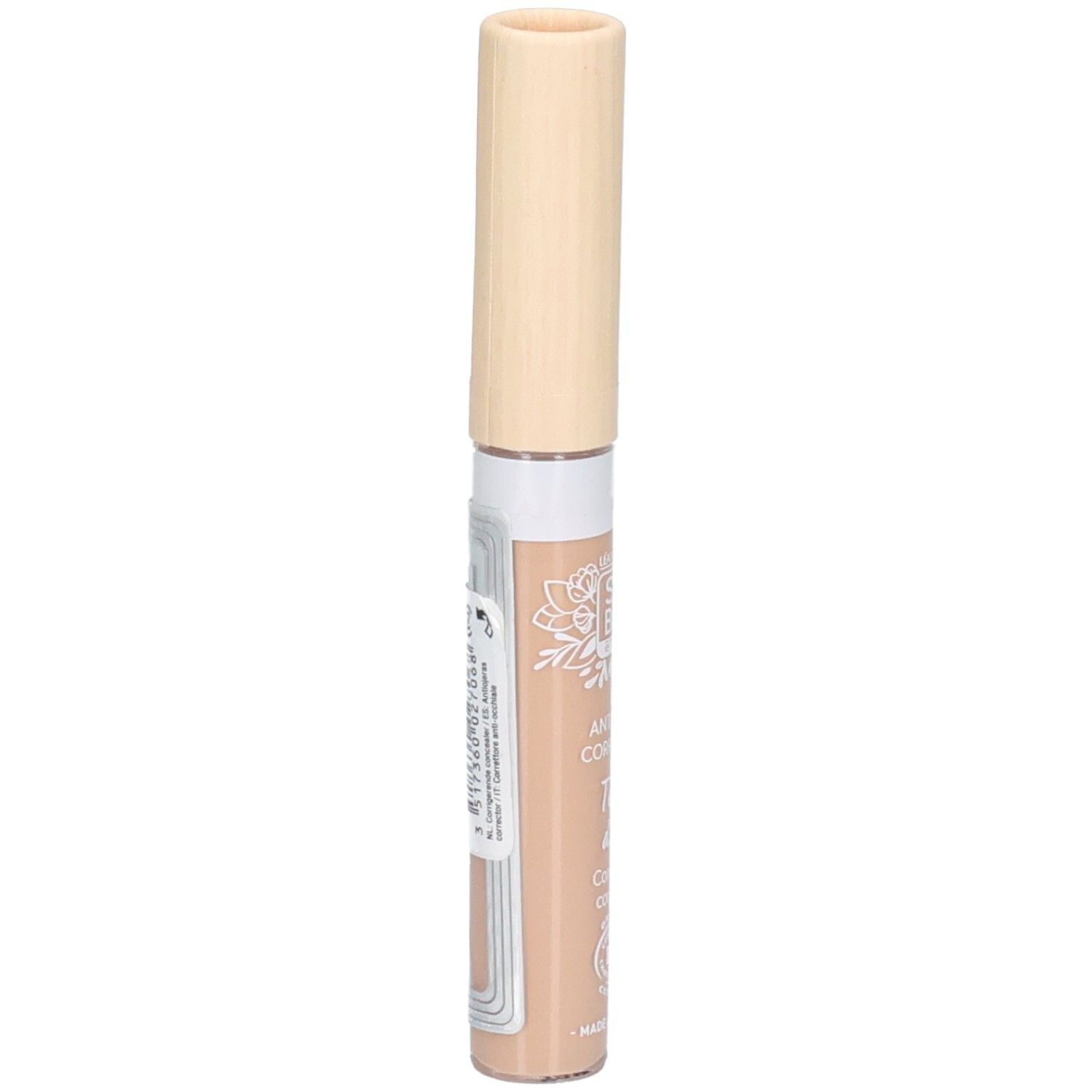Correcteur beige avec bouchon clair, vue latérale. Inscriptions: SO BIO, Anticerne Correcteur, Teint divin, Concealer correcteur.
