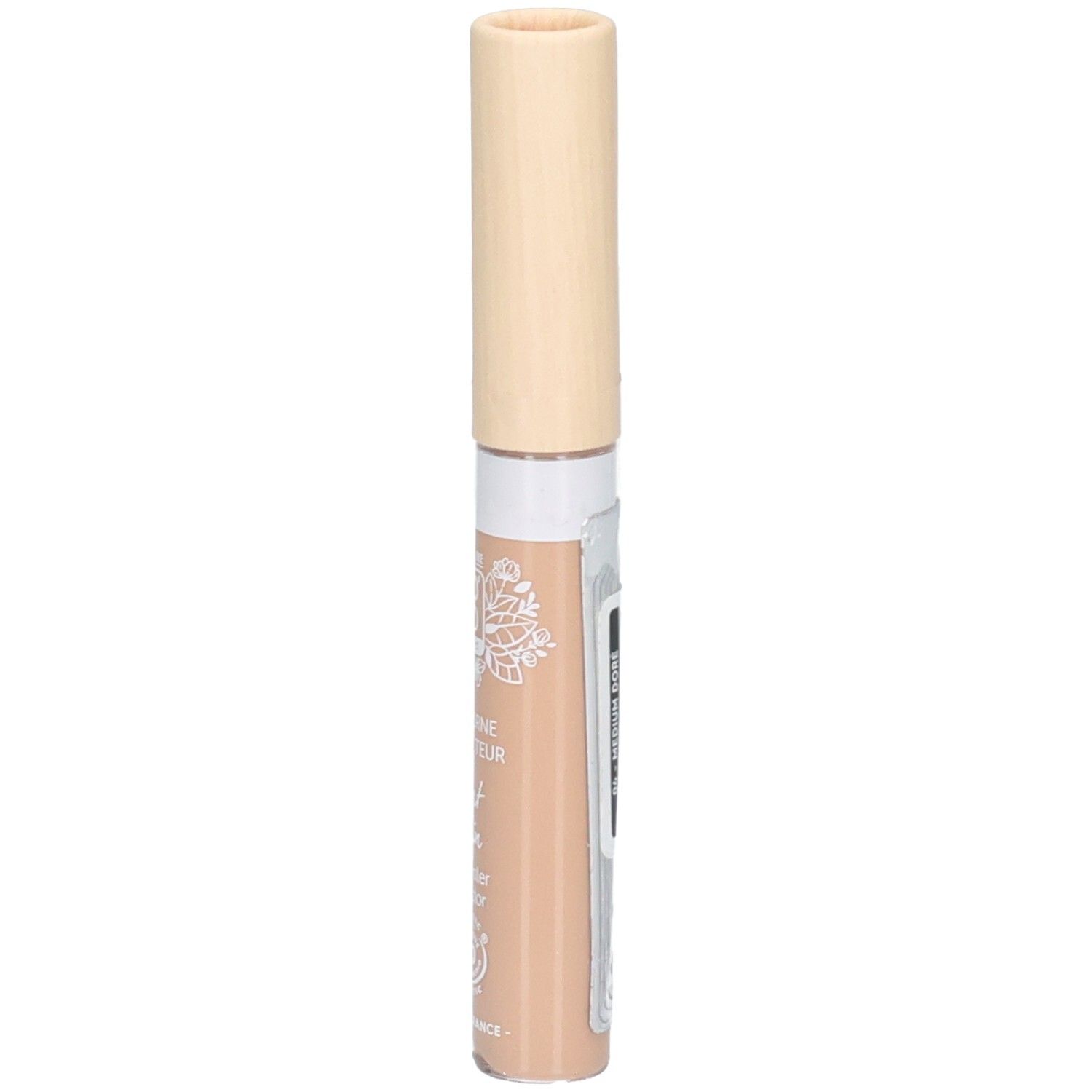 Correcteur beige avec bouchon clair, vue latérale. Inscriptions: SO BIO, Anticerne Correcteur, Teint divin, Concealer correcteur.