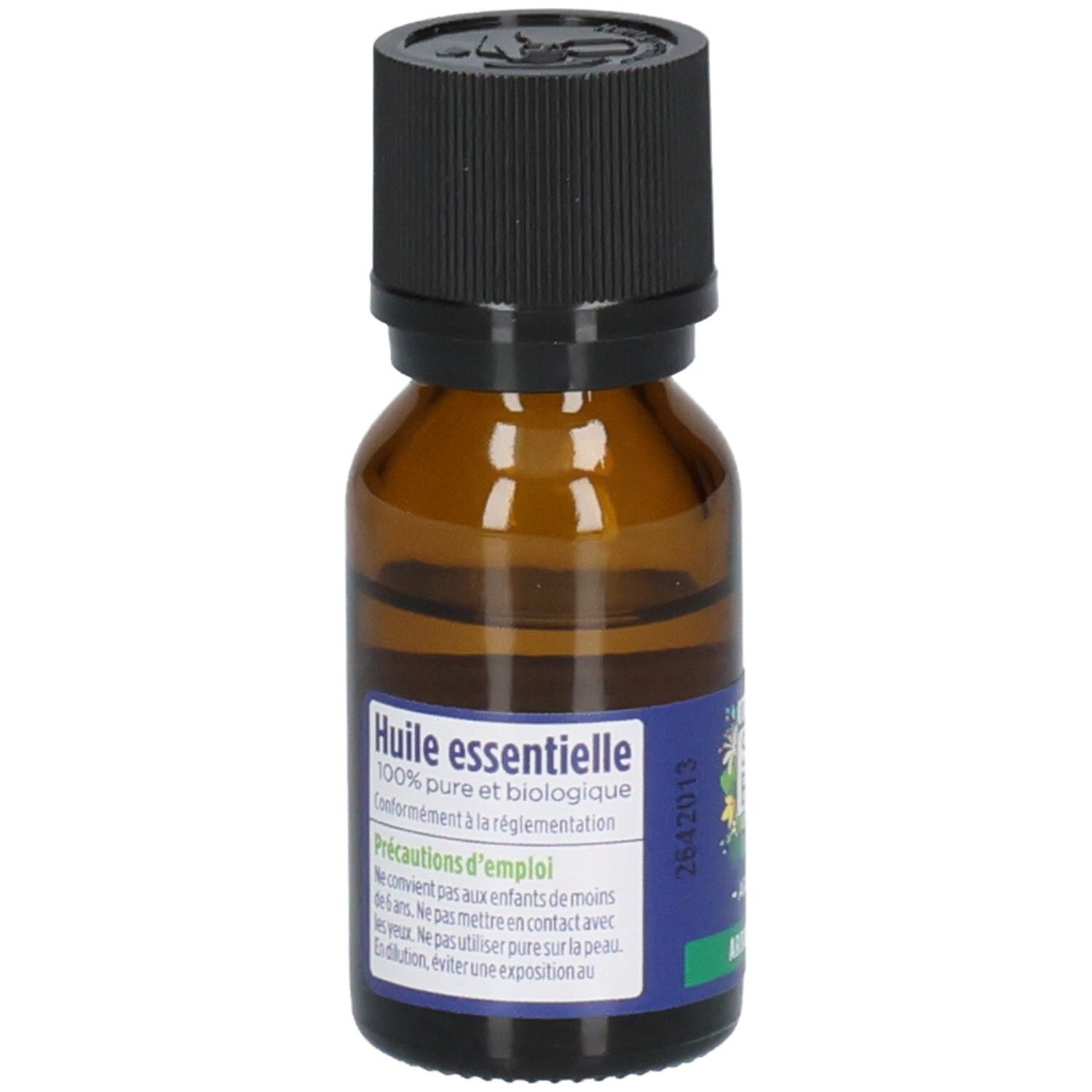 Flacon en verre brun avec bouchon noir. Étiquette avec informations produit. Inscription: Huile essentielle.