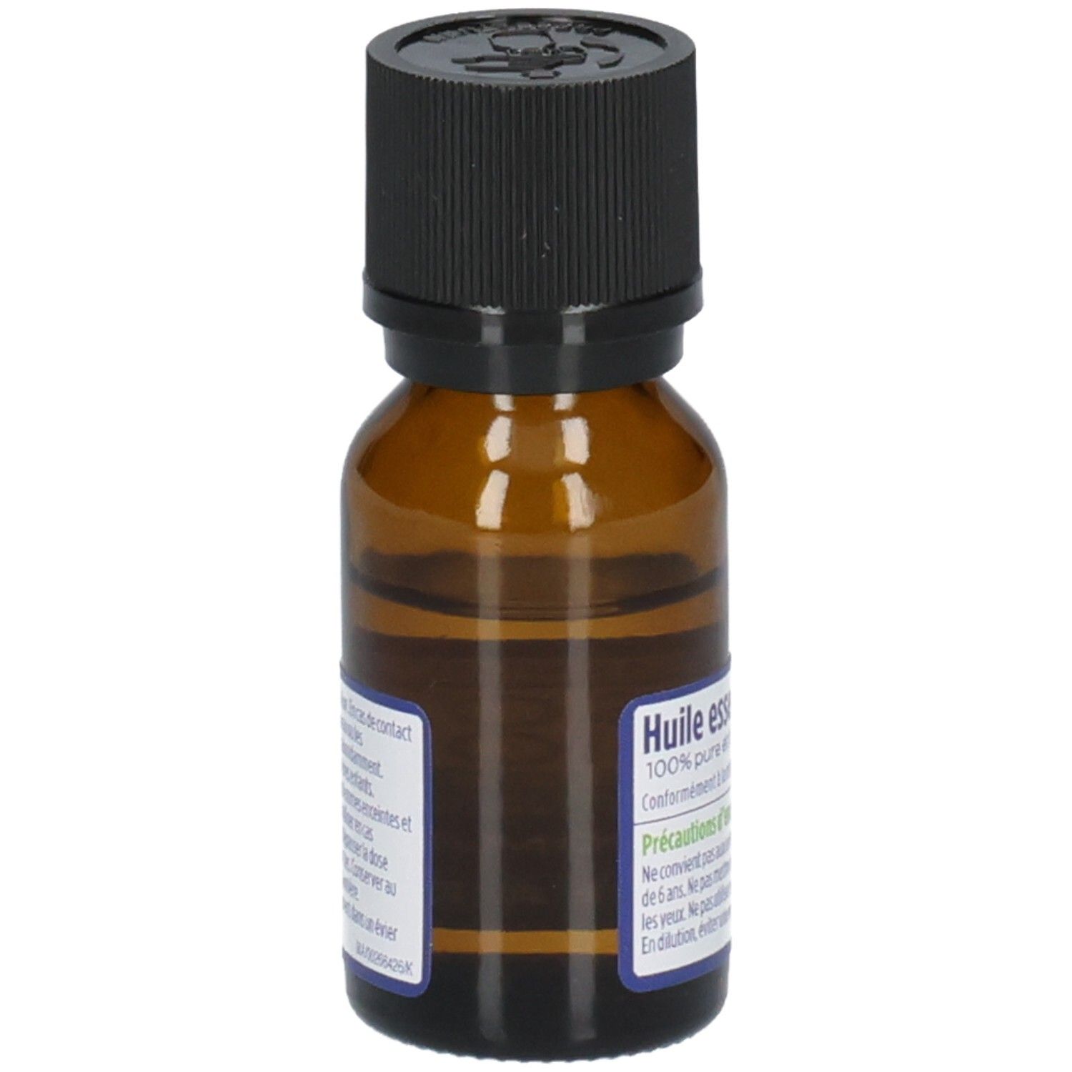 Flacon en verre brun avec bouchon noir. Étiquette avec informations produit. Inscription: Huile essentielle.