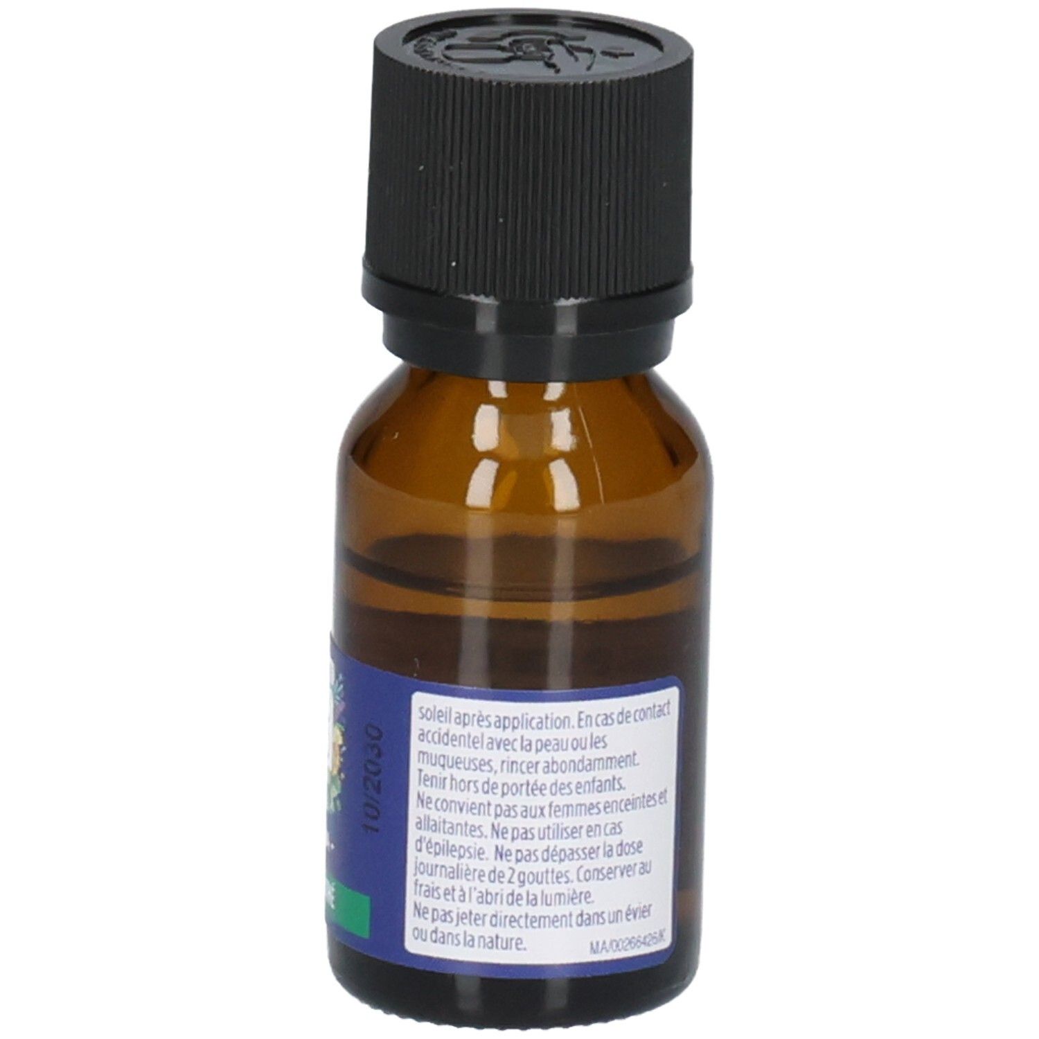 Flacon en verre brun avec bouchon noir. Étiquette avec informations produit. Inscription: Precautions d'emploi.