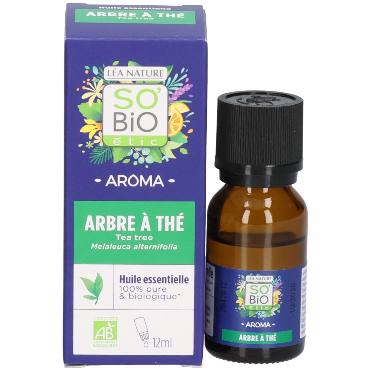 Flacon en verre brun avec bouchon noir et carton. Inscription: Arbre à Thé, 12ml, Huile essentielle.