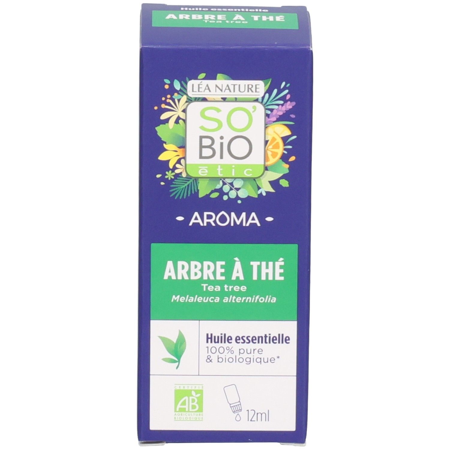 Carton avec inscription: Arbre à Thé, 12ml, Huile essentielle. Logo: AB.