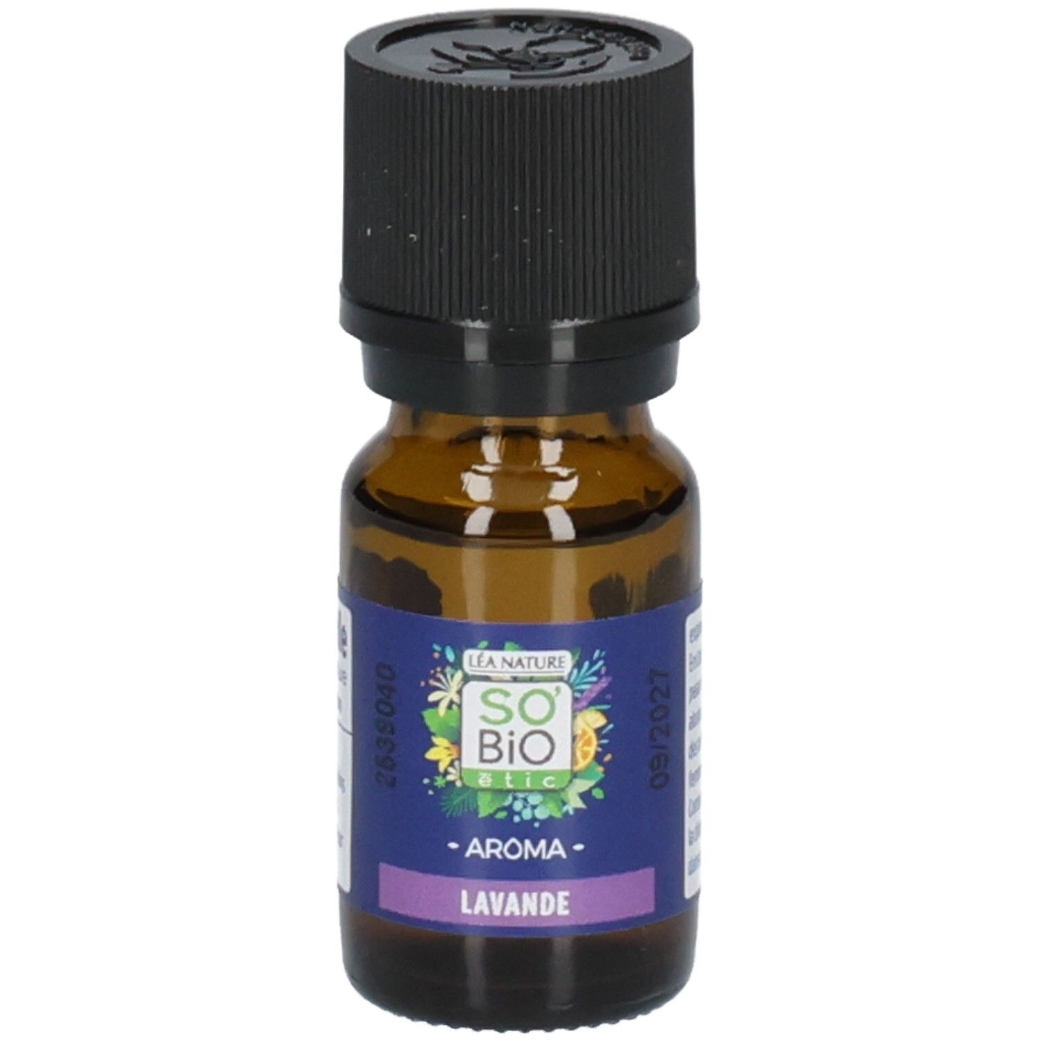 Flacon en verre brun avec bouchon noir. Étiquette : Aroma Lavande, So Bio Etic.