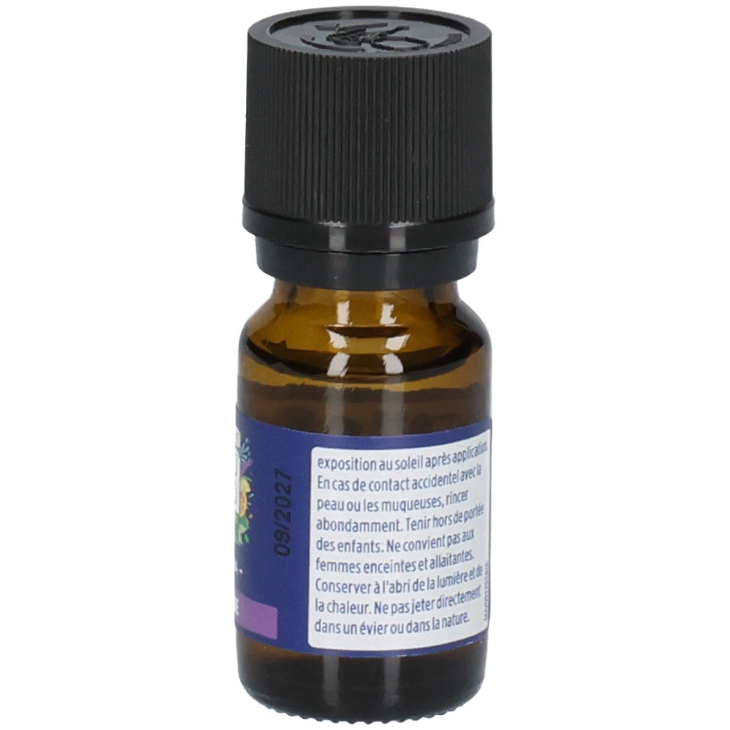Flacon en verre brun avec bouchon noir. Étiquette : Précautions d'emploi, 09/2027.