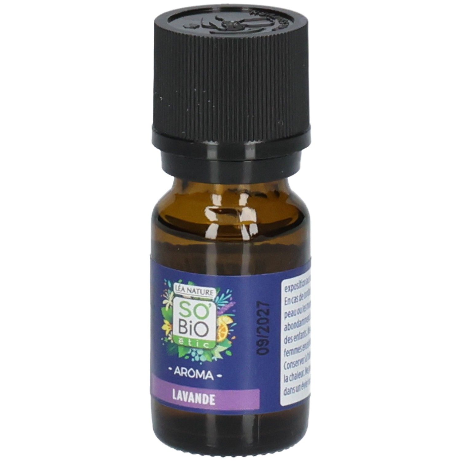 Flacon en verre brun avec bouchon noir. Étiquette : Aroma Lavande, So Bio Etic, 09/2027.