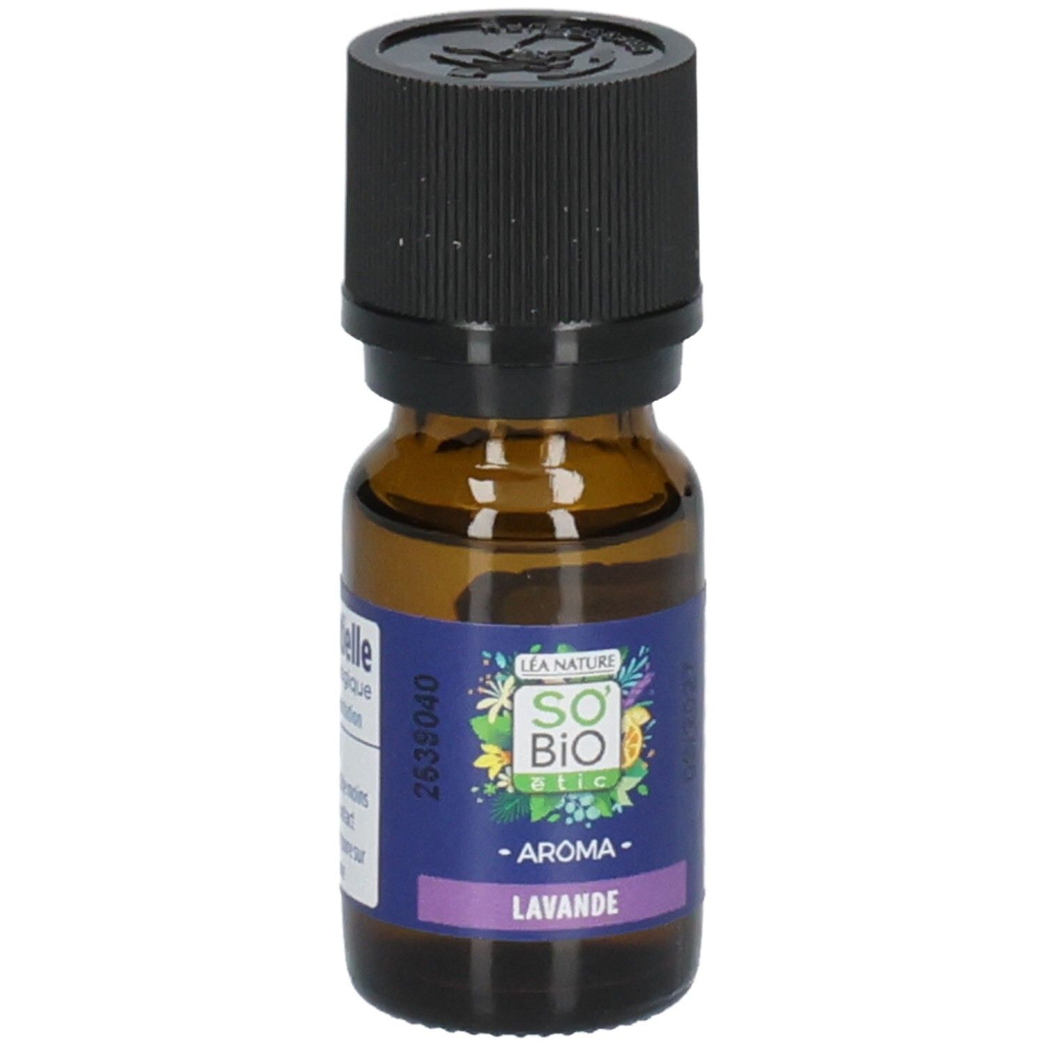 Flacon en verre brun avec bouchon noir. Étiquette : Aroma Lavande, So Bio Etic.