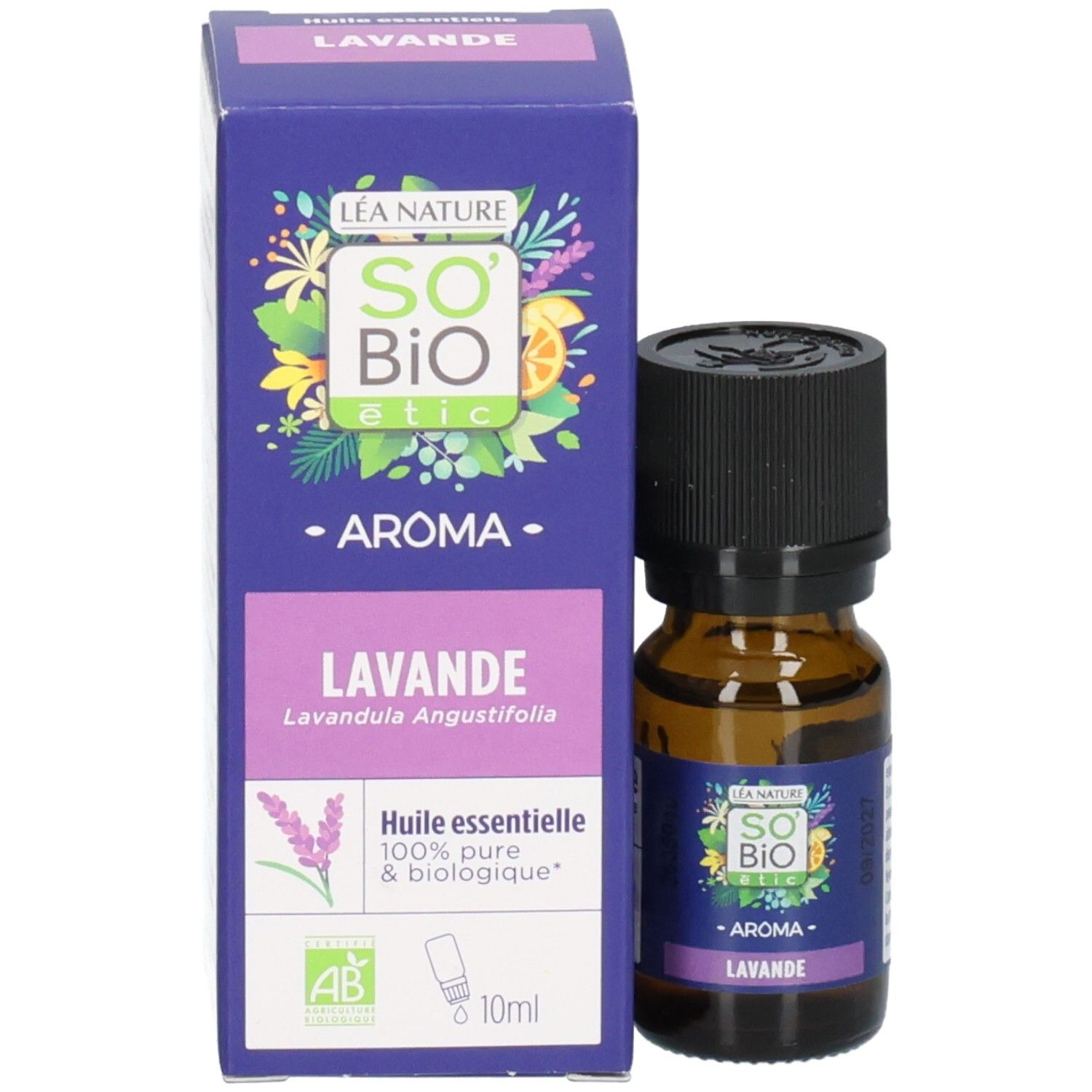 Flacon brun avec bouchon noir à côté d'une boîte. Boîte avec texte : Lavande, So Bio Etic.