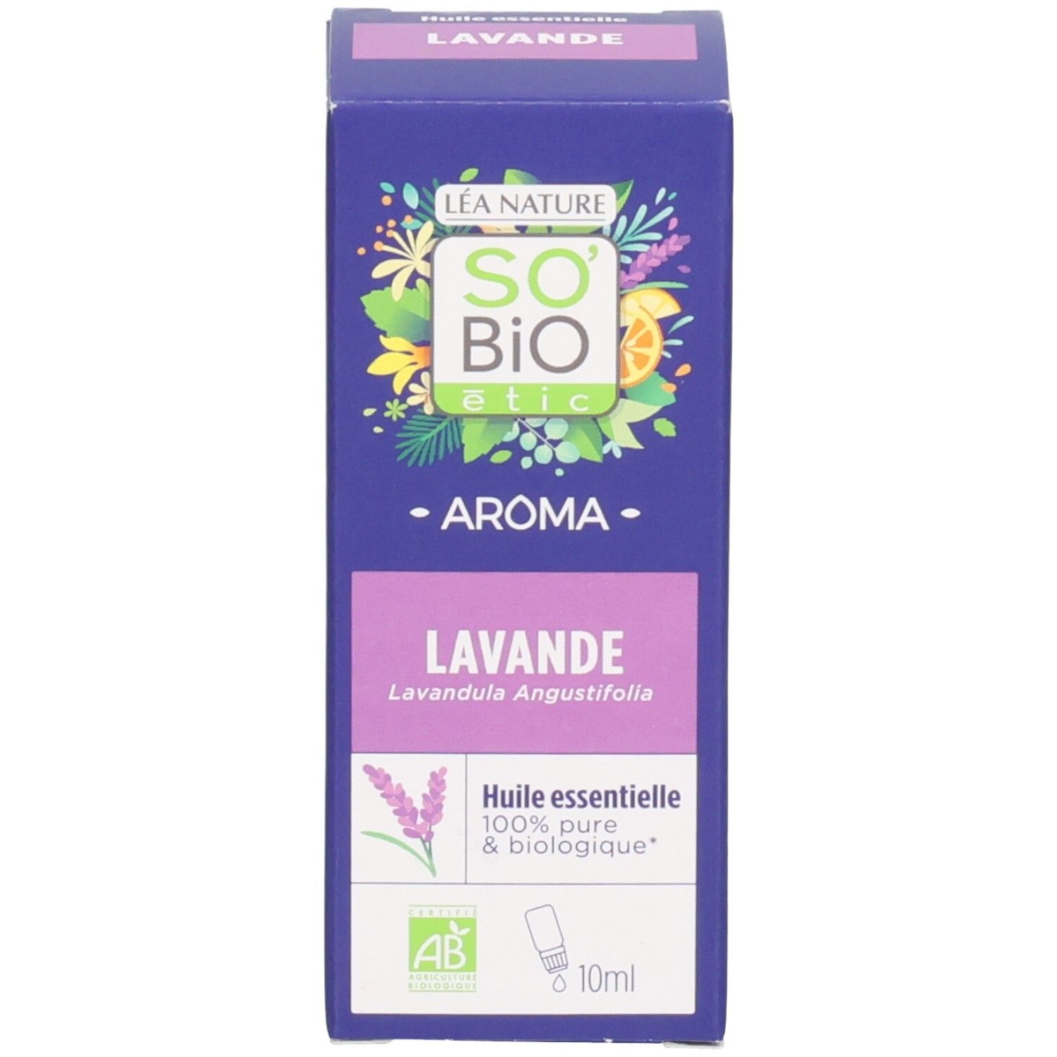 Boîte avec texte : Lavande, So Bio Etic, Huile essentielle. Avec illustration de fleur de lavande.
