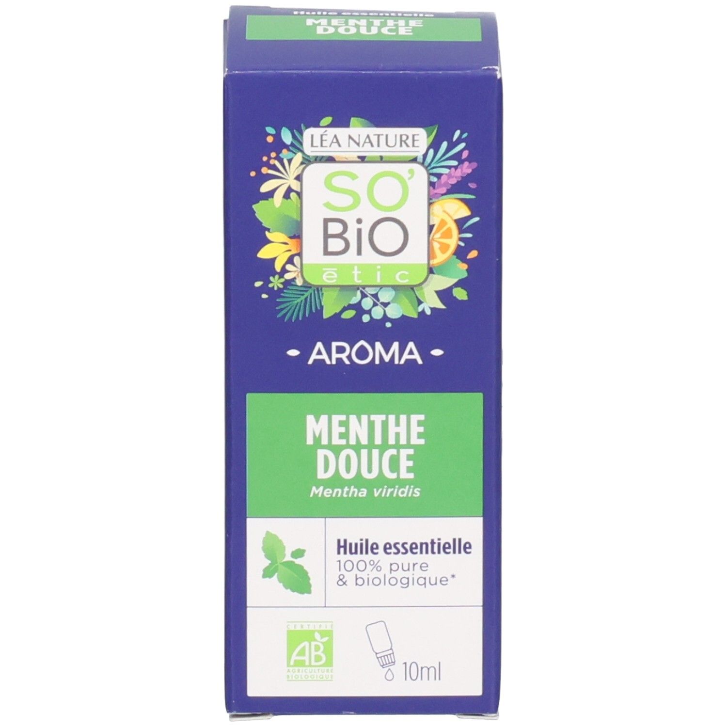 Boîte avec texte: So Bio, Menthe Douce, Huile essentielle. Flacon en verre brun, bouchon noir.