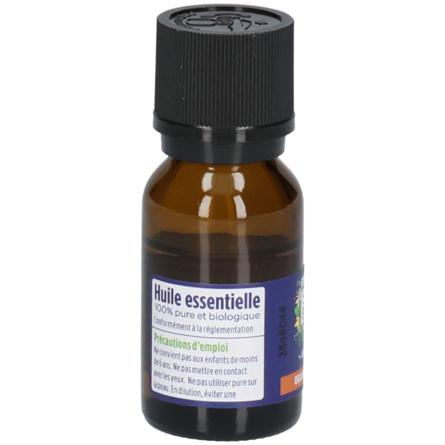 Flacon en verre brun avec bouchon noir. Étiquette : Huile essentielle. 100% pure et biologique.