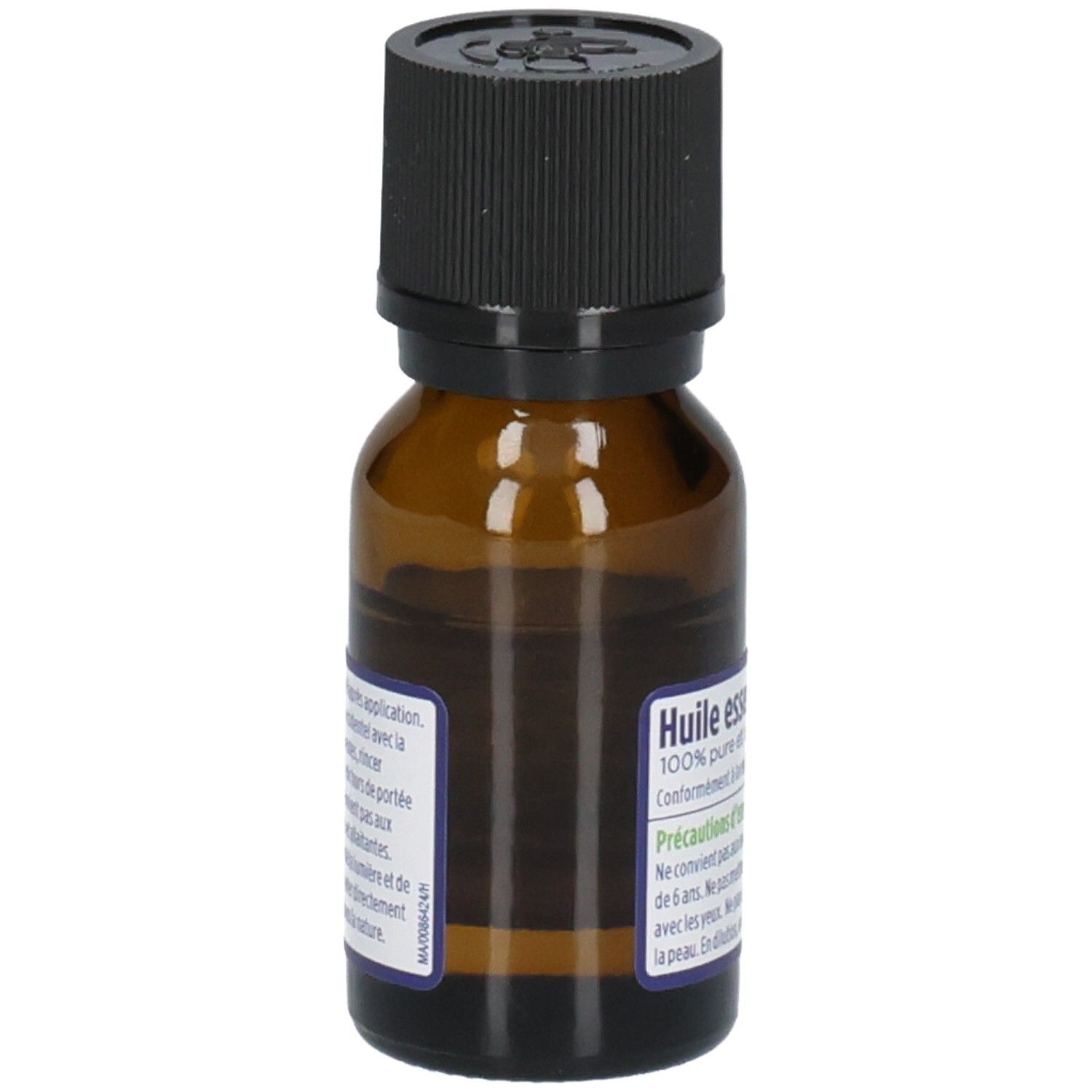 Flacon en verre brun avec bouchon noir. Étiquette : Huile essentielle. Précautions d'emploi.