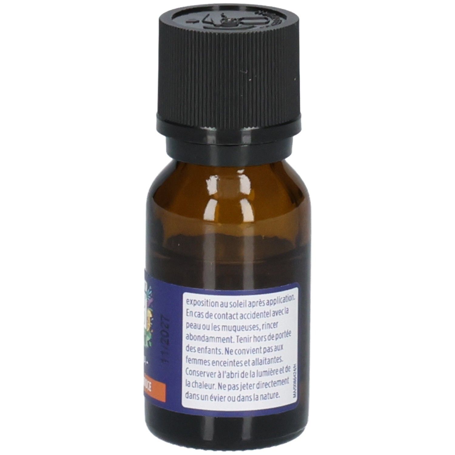 Flacon en verre brun avec bouchon noir. Étiquette : Précautions d'emploi. Ne convient pas aux enfants de moins de 6 ans.