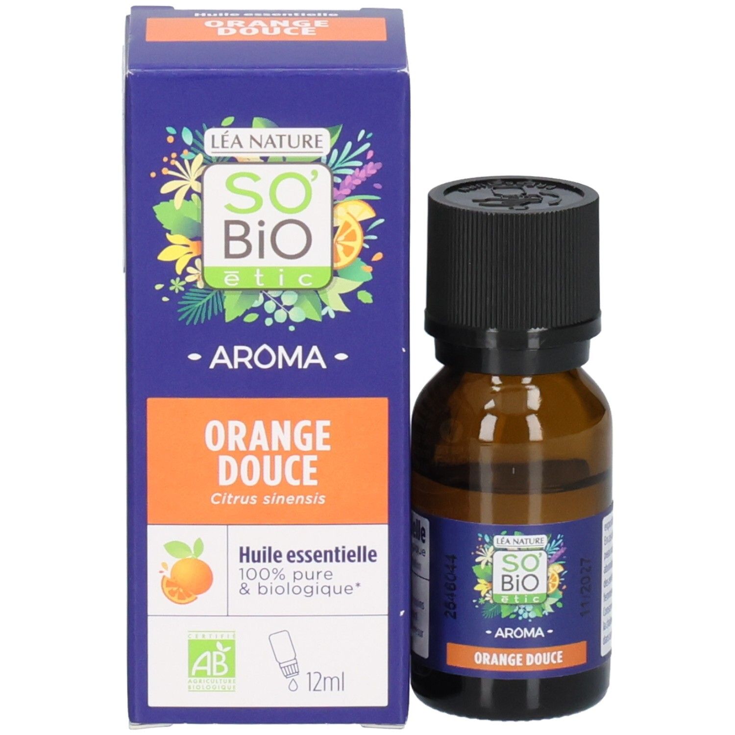 Emballage produit avec flacon. Boîte bleue avec texte : Aroma Orange Douce. Marque : So Bio Etic. 12ml.