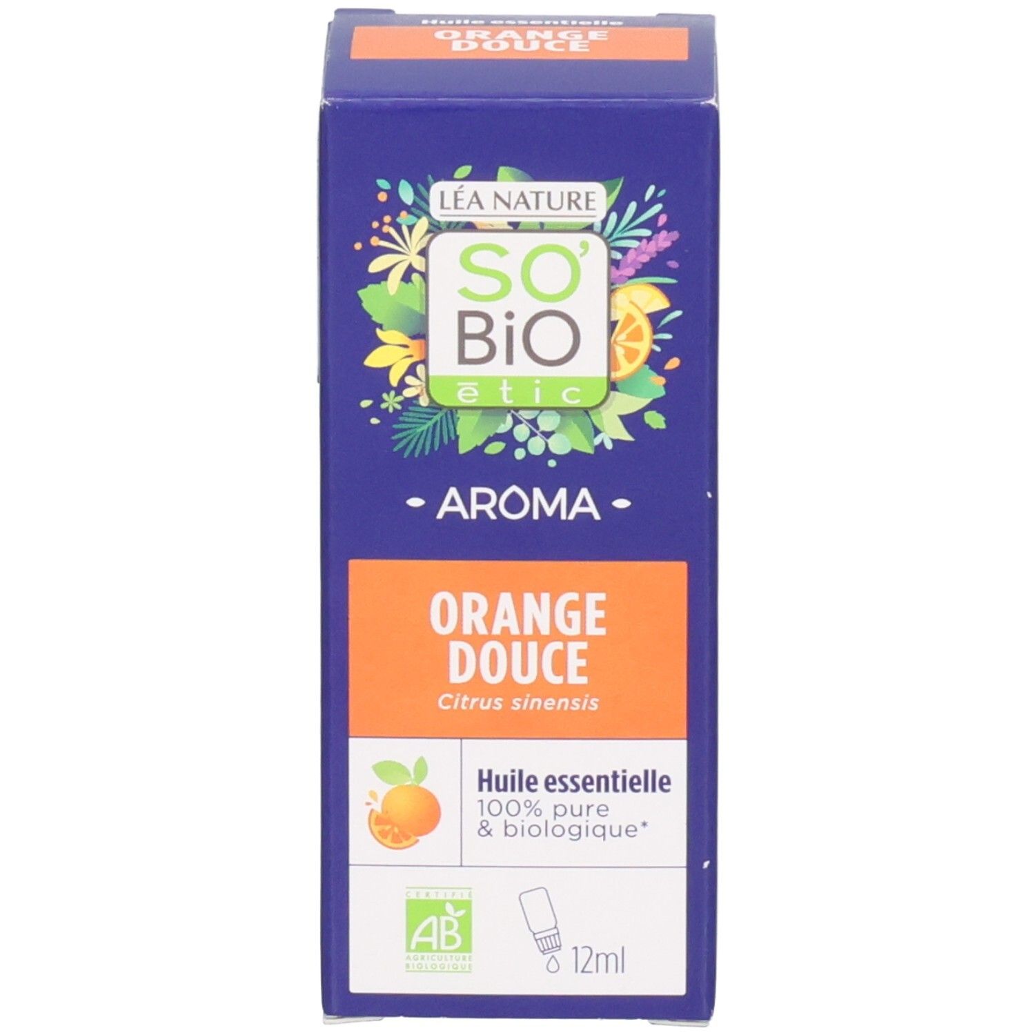 Emballage produit bleu avec texte : Aroma Orange Douce. Marque : So Bio Etic. Avec certification AB.