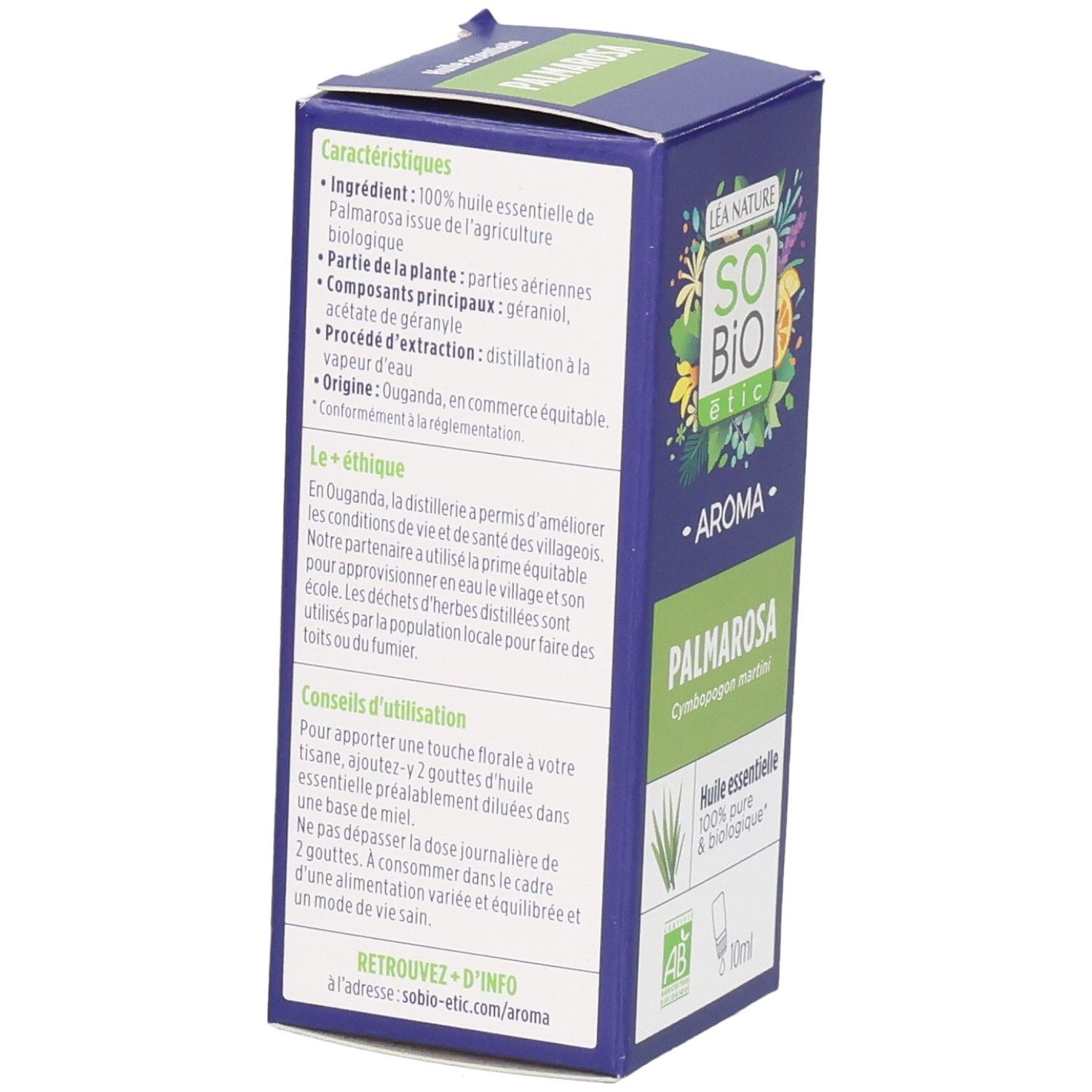 Dos de la boîte avec informations sur les ingrédients et l'origine du produit. Texte en français. So'Bio étic.