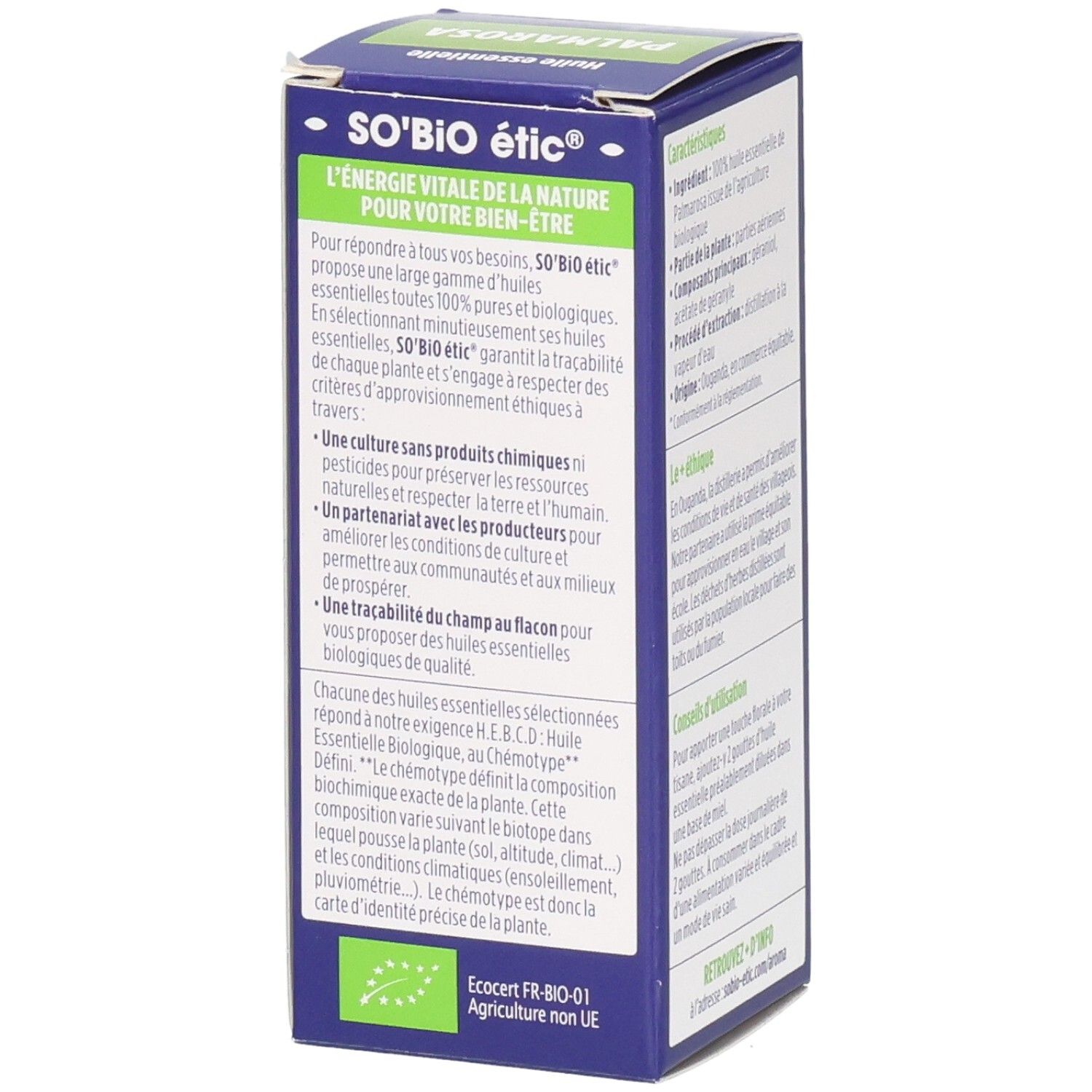 Côté de la boîte avec texte sur la marque So'Bio étic et certification. Texte en français.