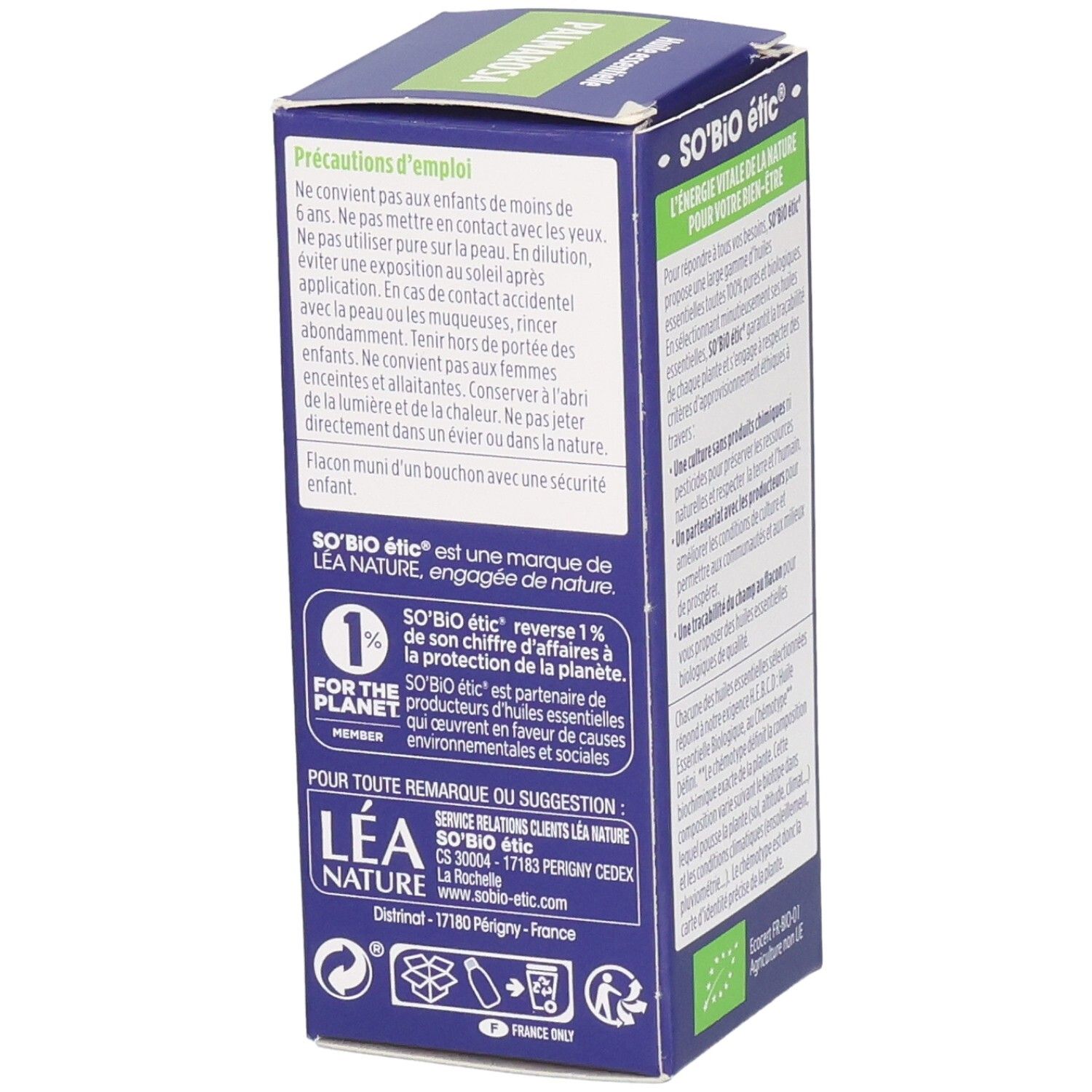 Côté de la boîte avec précautions d'emploi et coordonnées. Texte en français. So'Bio étic.